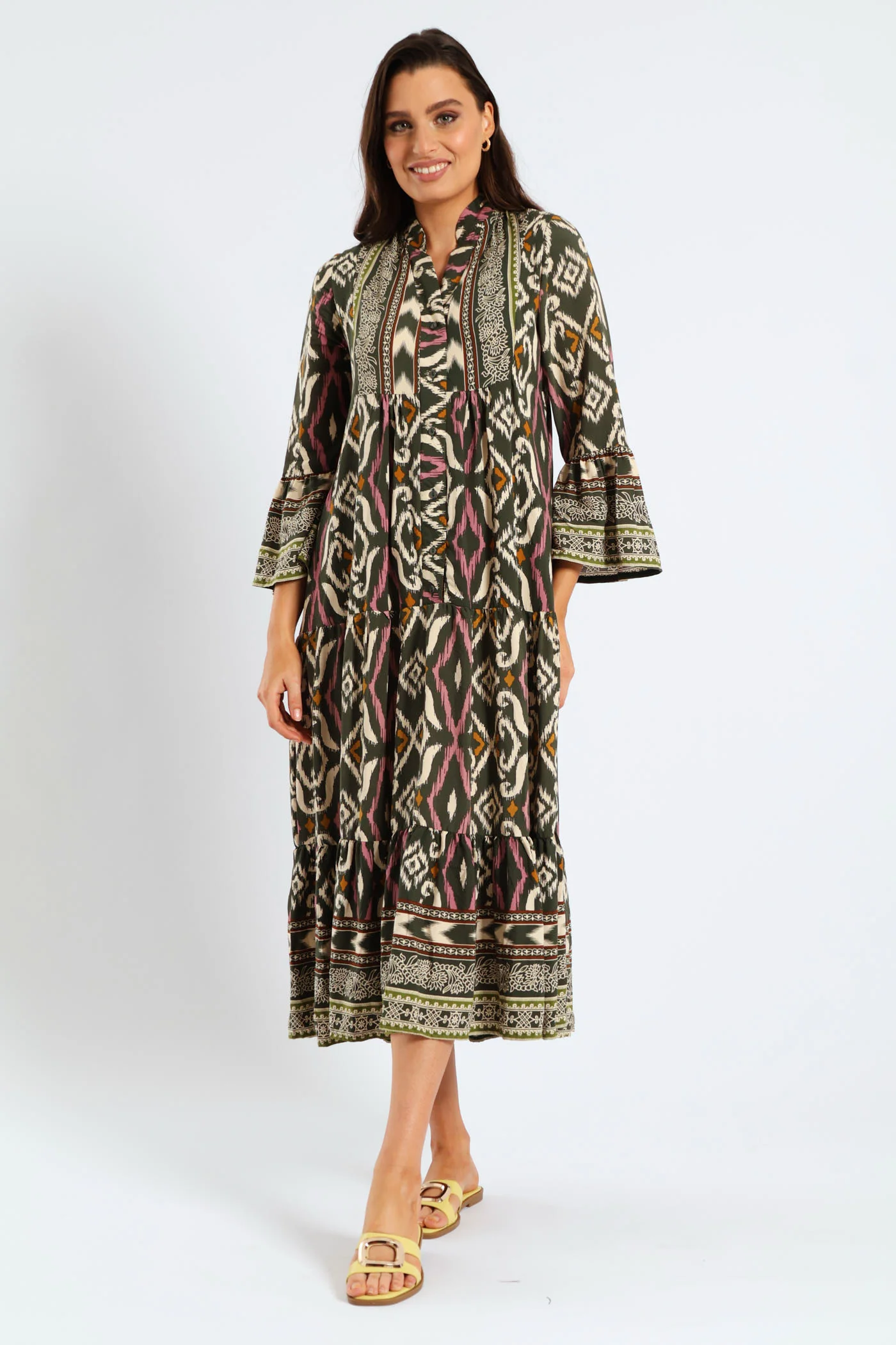 3/4 Sleeve Palm Border Print Tent Midaxi Dress - Multi - Image 6
