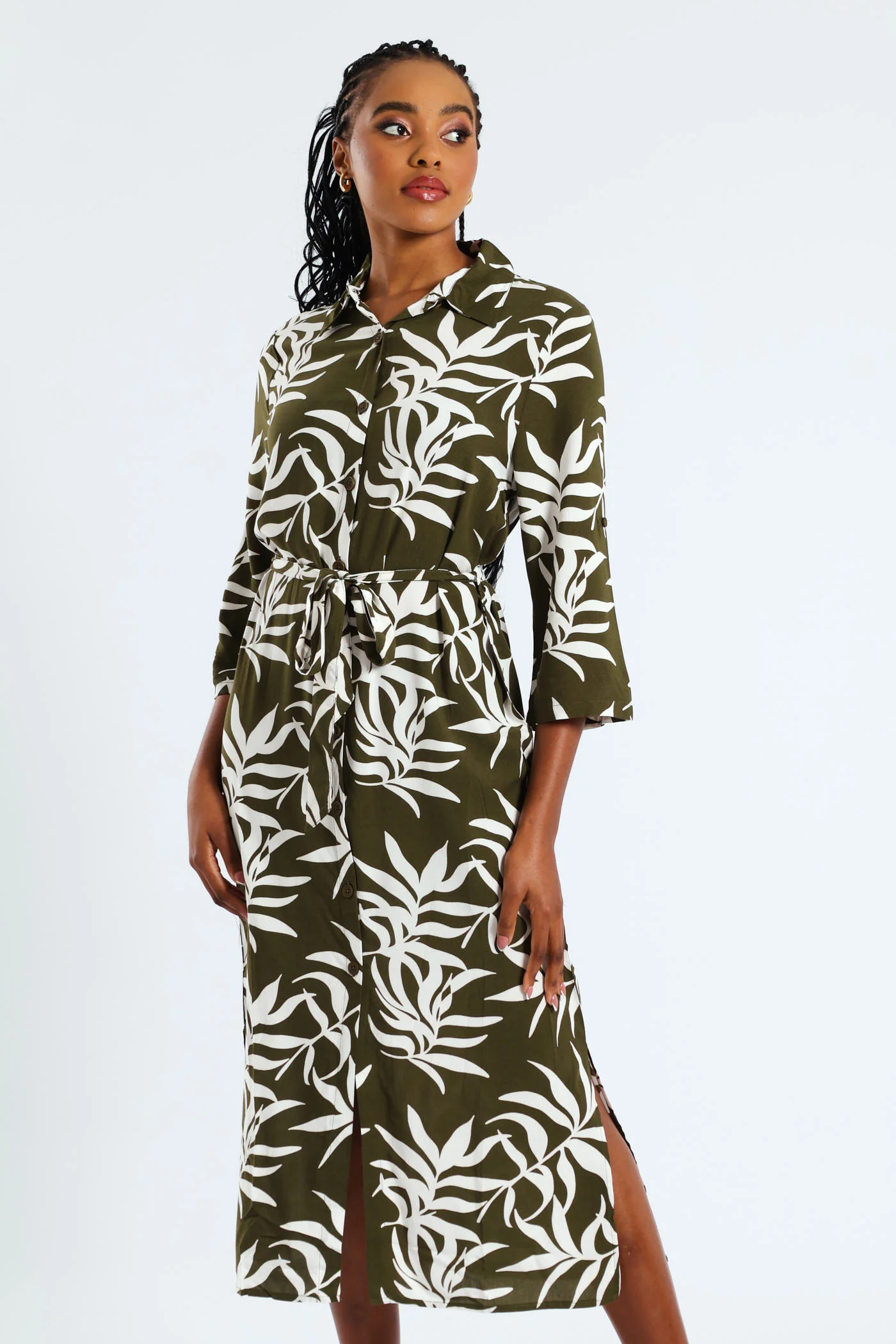 3/4 Sleeve Printed Belted Midaxi Shirt Dress - Fatigue/Cream - Image 2