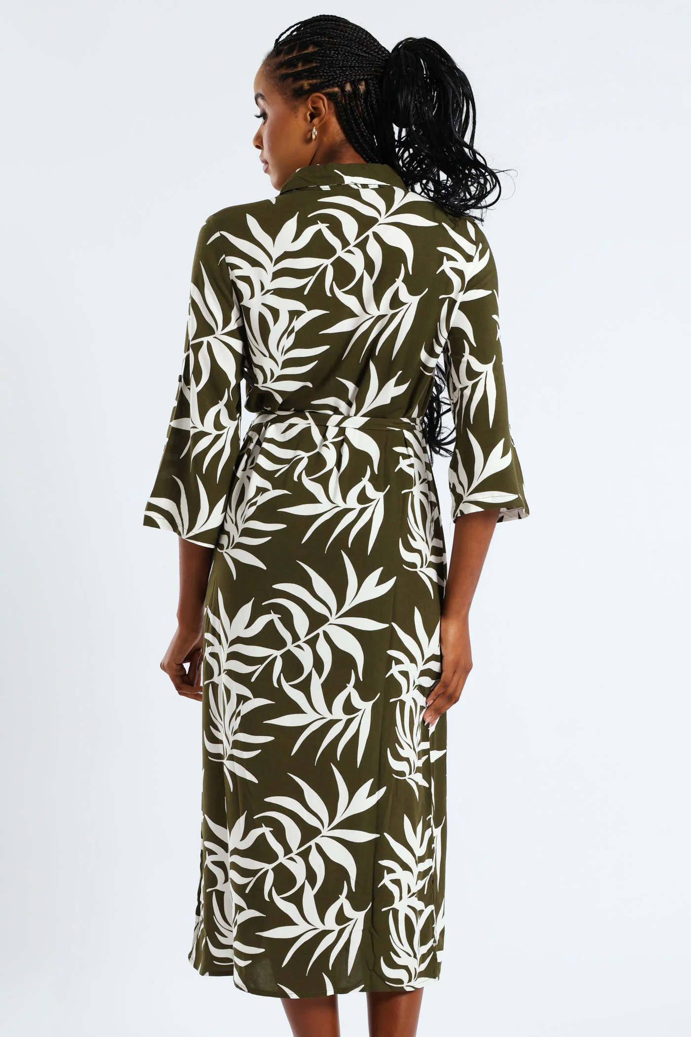3/4 Sleeve Printed Belted Midaxi Shirt Dress - Fatigue/Cream - Image 3