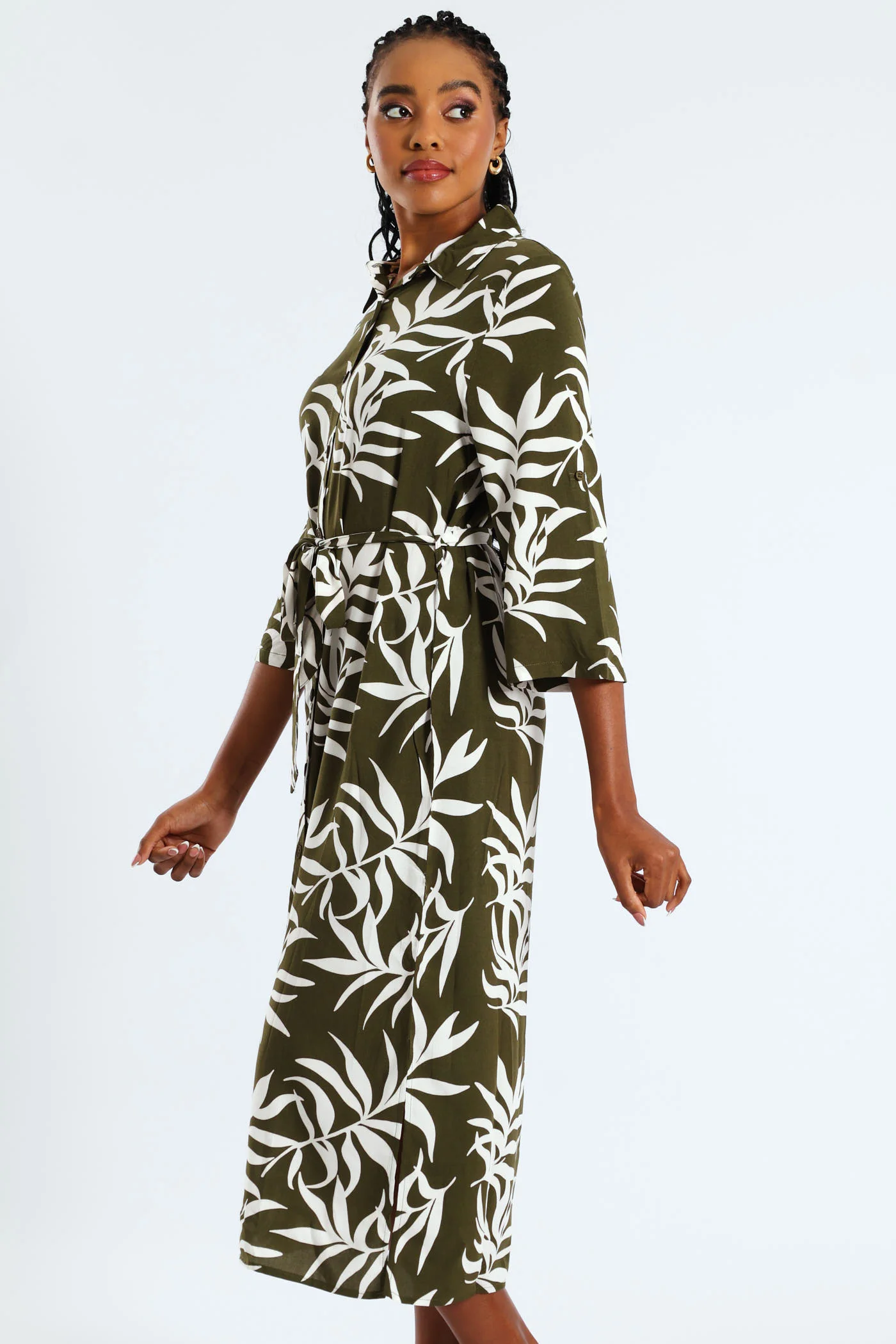 3/4 Sleeve Printed Belted Midaxi Shirt Dress - Fatigue/Cream - Image 4