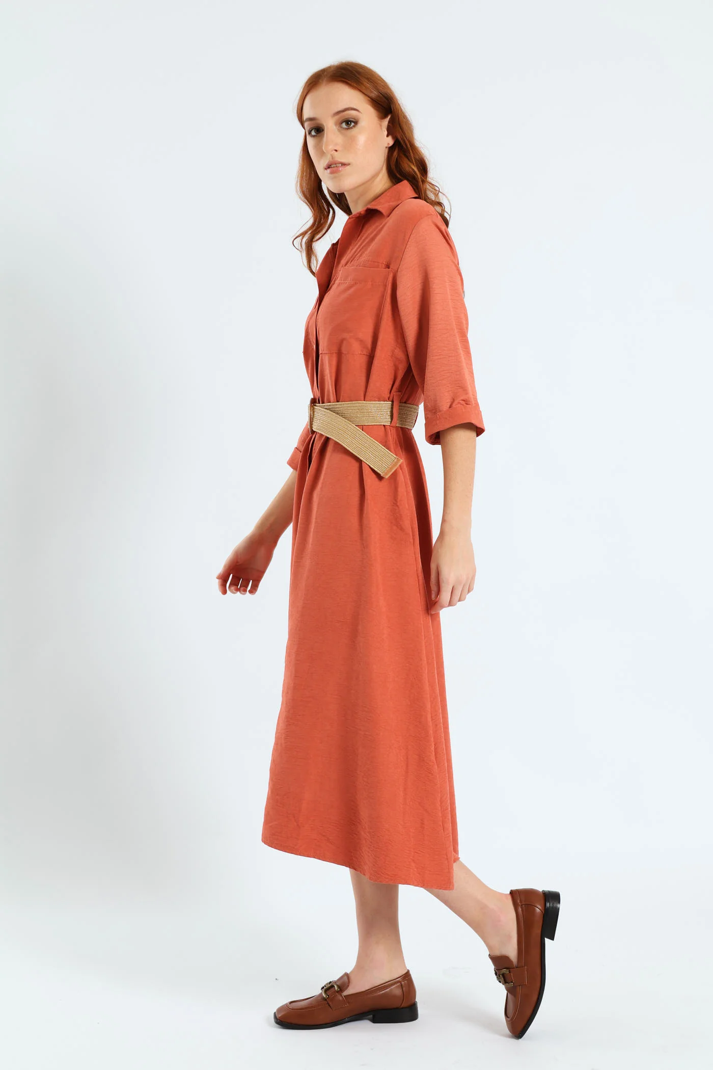 3/4 Sleeve Raffia Belt Midaxi Shirt Dress - Terracotta - Image 2