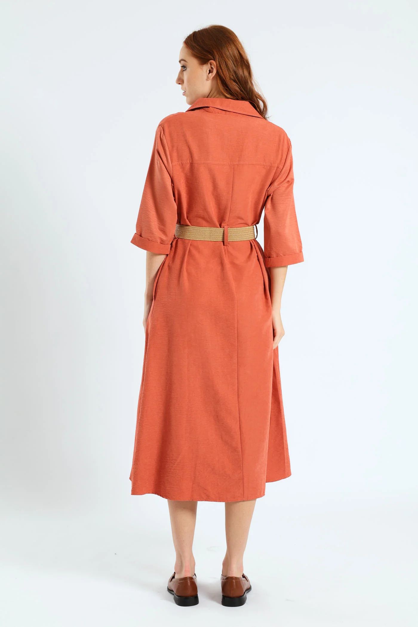 3/4 Sleeve Raffia Belt Midaxi Shirt Dress - Terracotta - Image 3