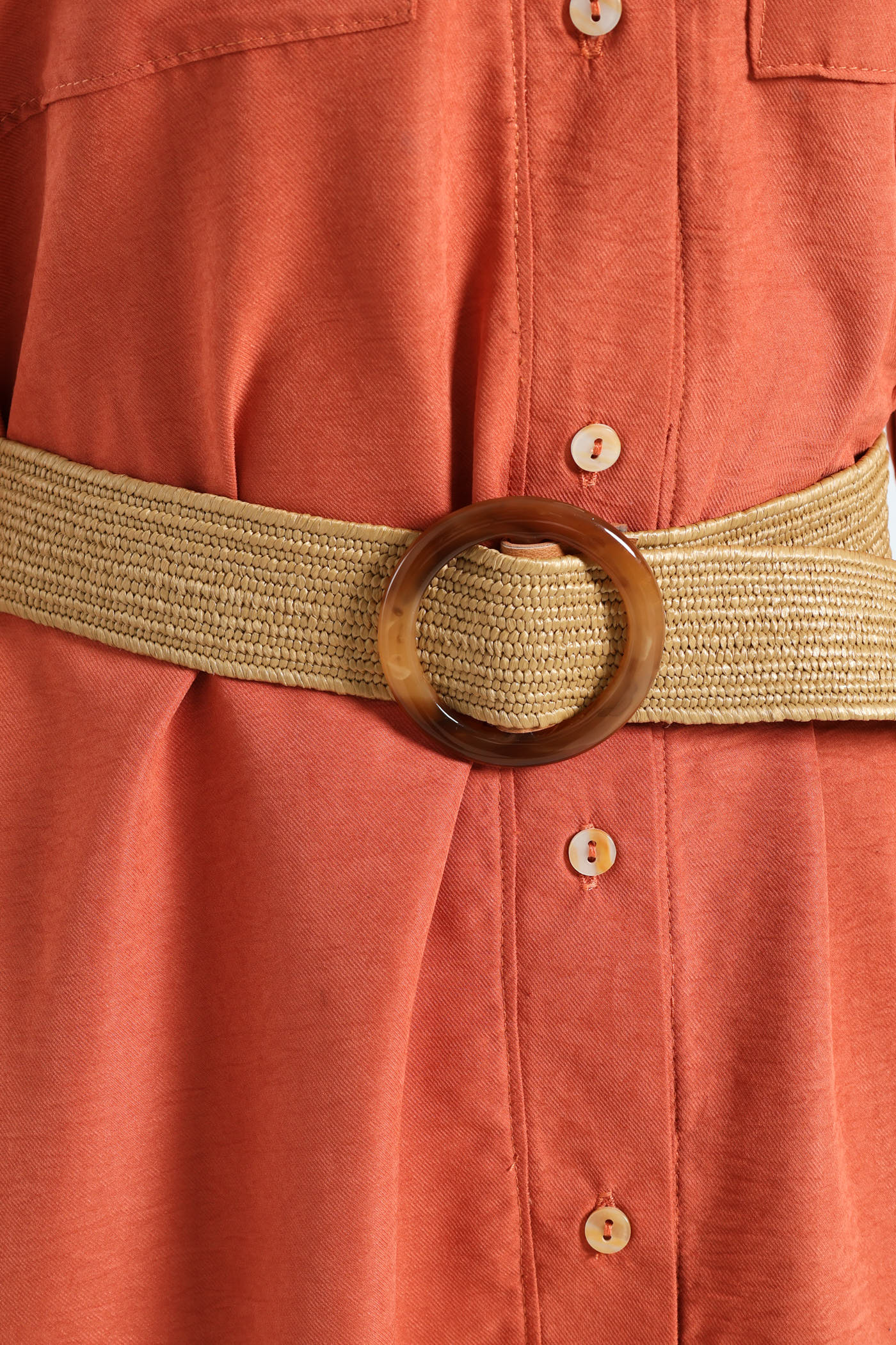 3/4 Sleeve Raffia Belt Midaxi Shirt Dress - Terracotta - Image 4