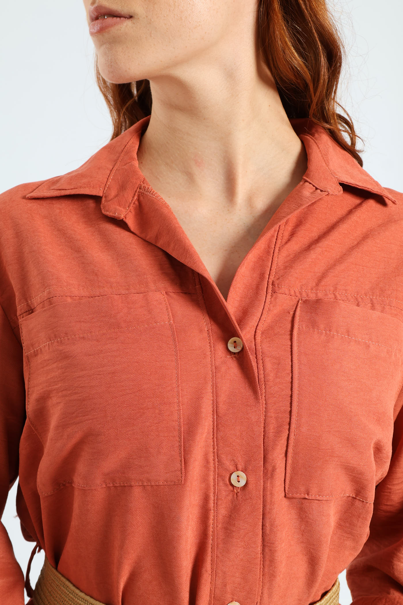 3/4 Sleeve Raffia Belt Midaxi Shirt Dress - Terracotta - Image 5