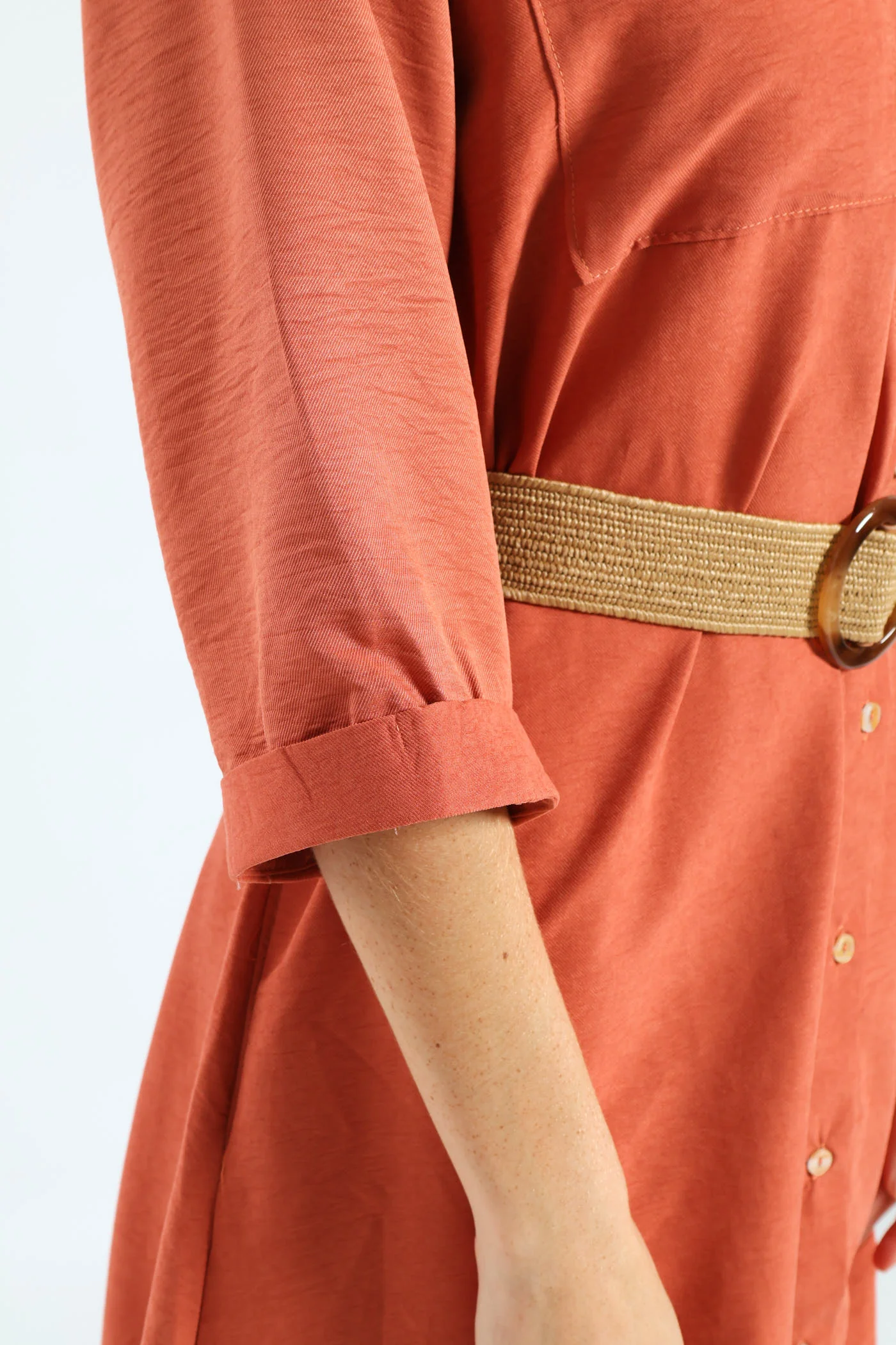 3/4 Sleeve Raffia Belt Midaxi Shirt Dress - Terracotta - Image 6