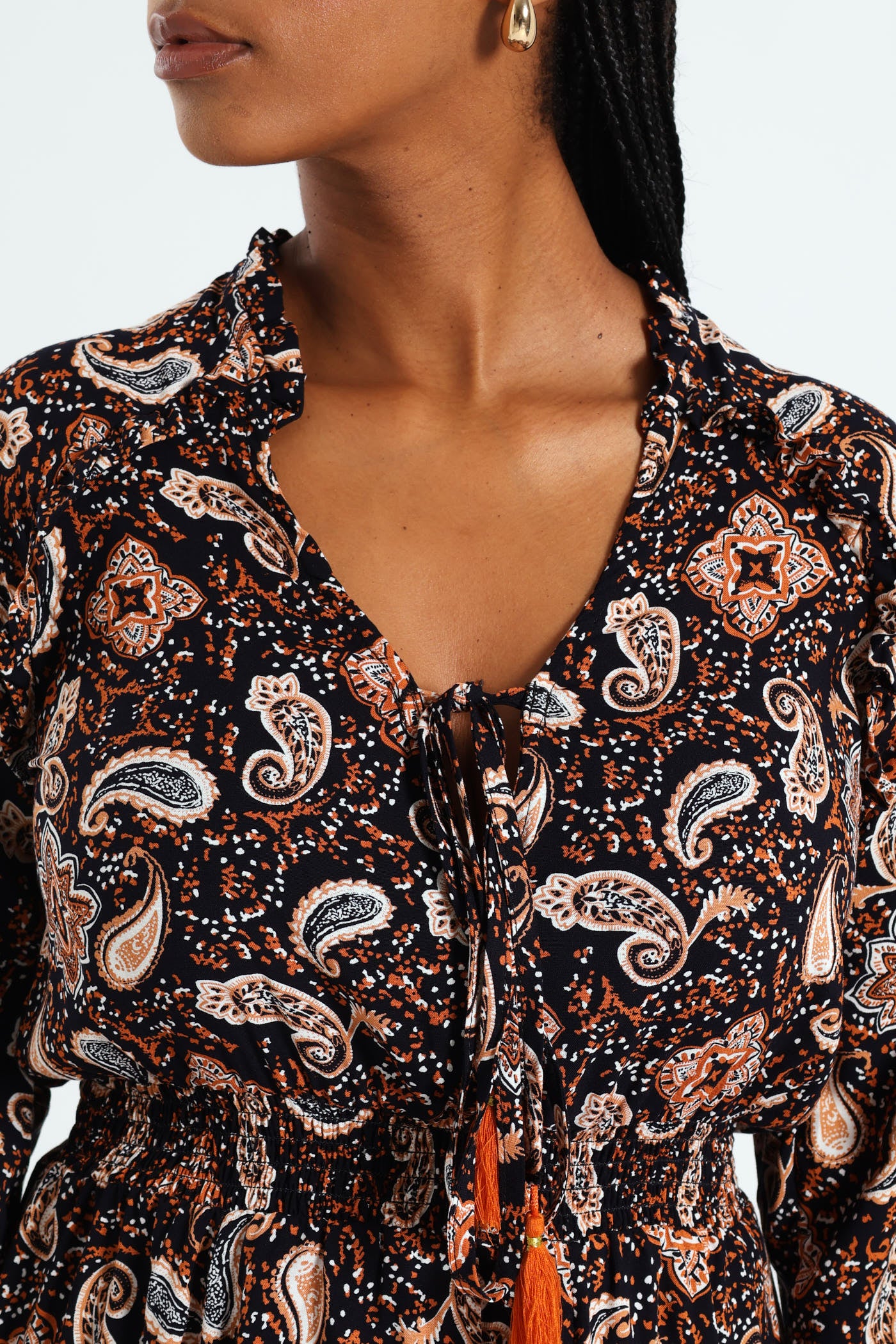 3/4 Sleeve Shirred Waist Mini Dress With Tassle - Navy - Image 2