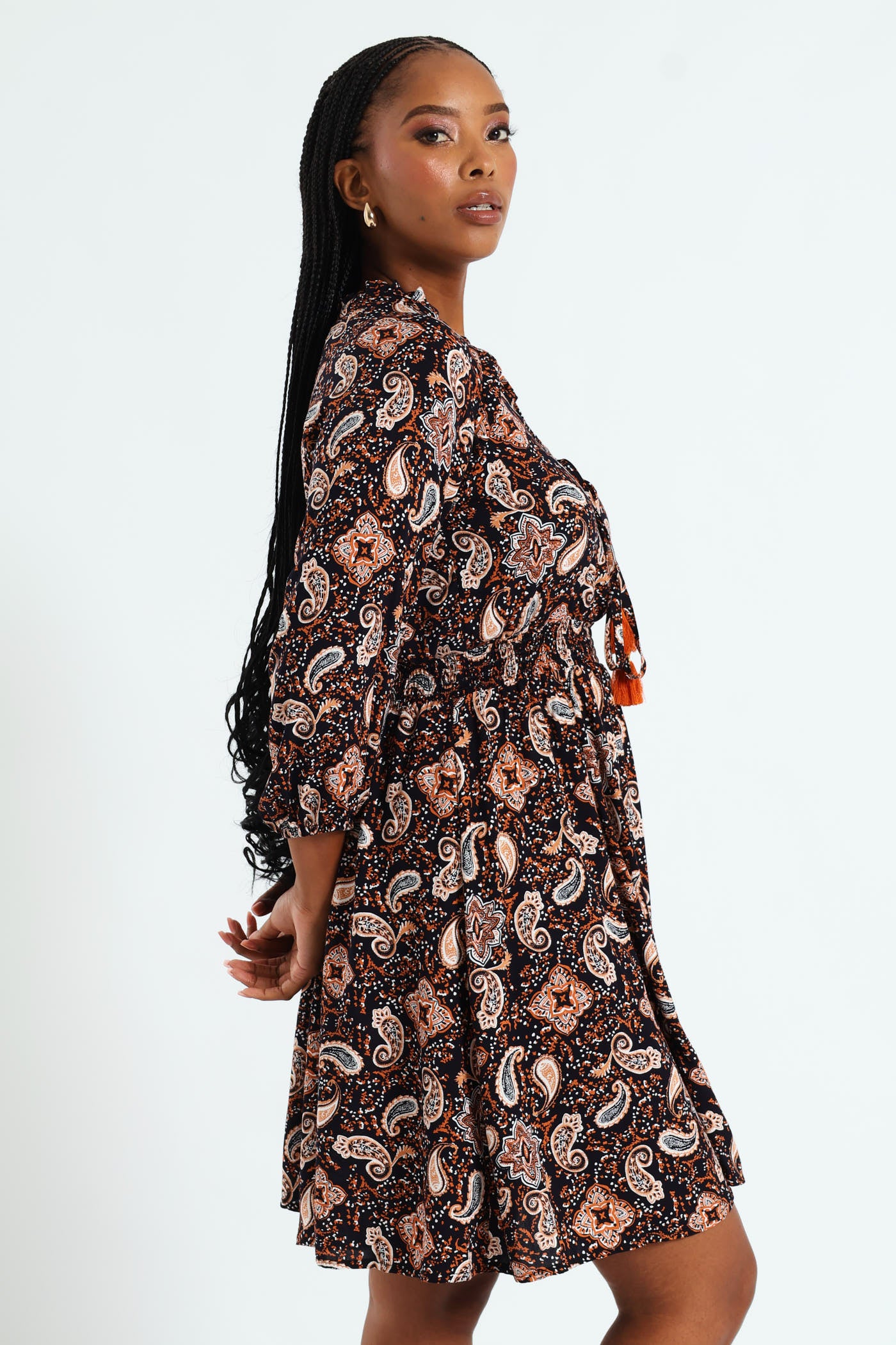 3/4 Sleeve Shirred Waist Mini Dress With Tassle - Navy - Image 3