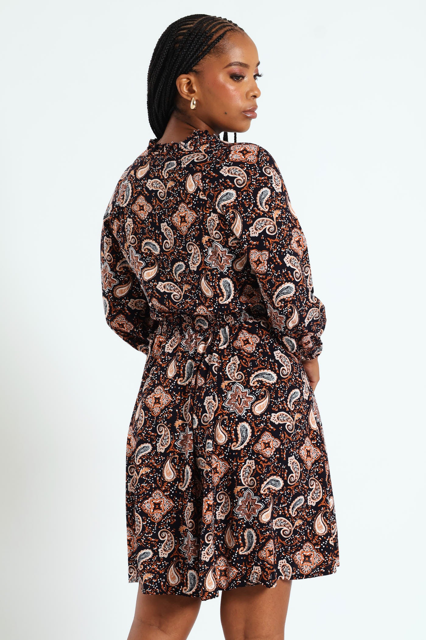 3/4 Sleeve Shirred Waist Mini Dress With Tassle - Navy - Image 4