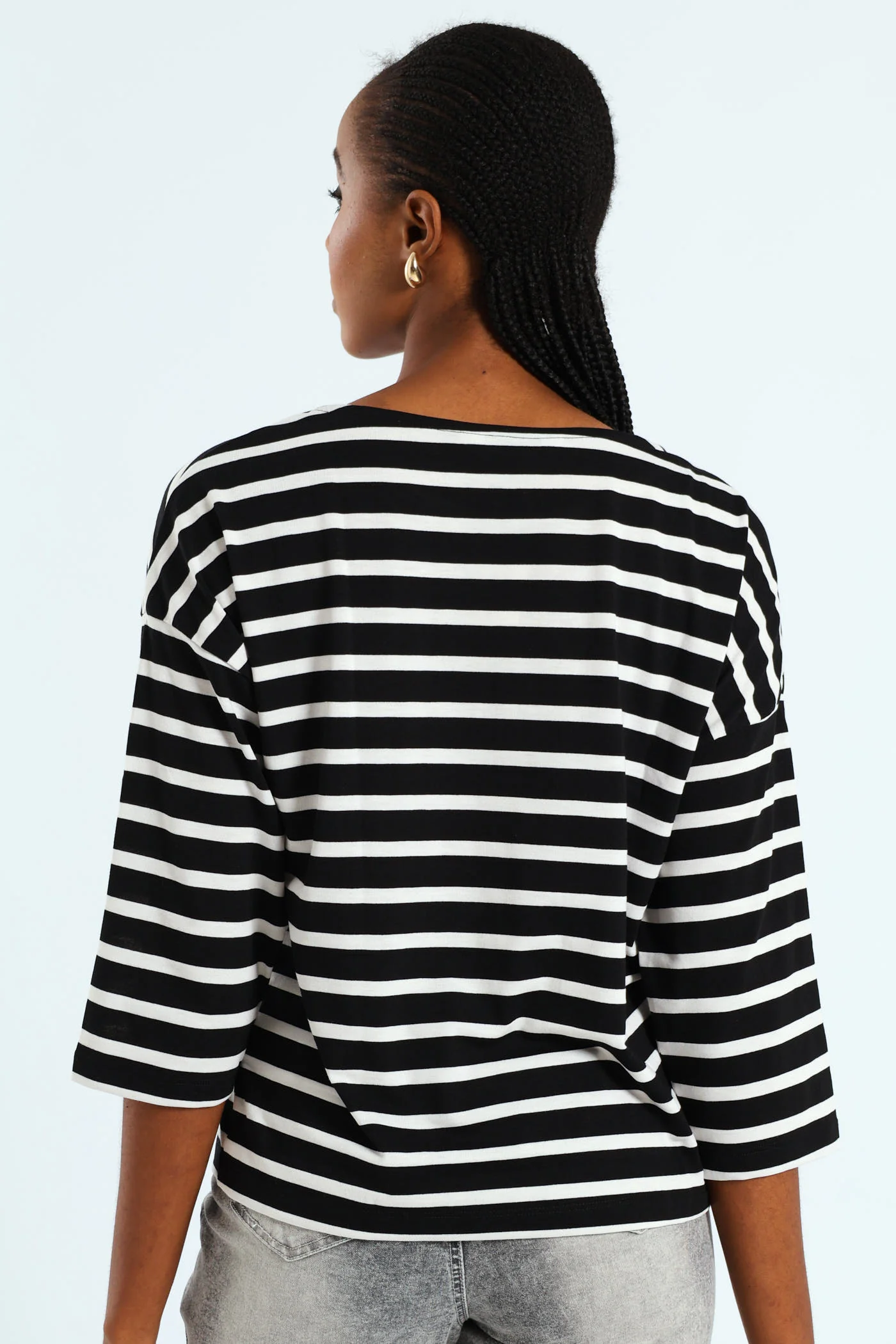 3/4 Sleeve Striped Slouchy Boatneck Top - Black/White - Image 2