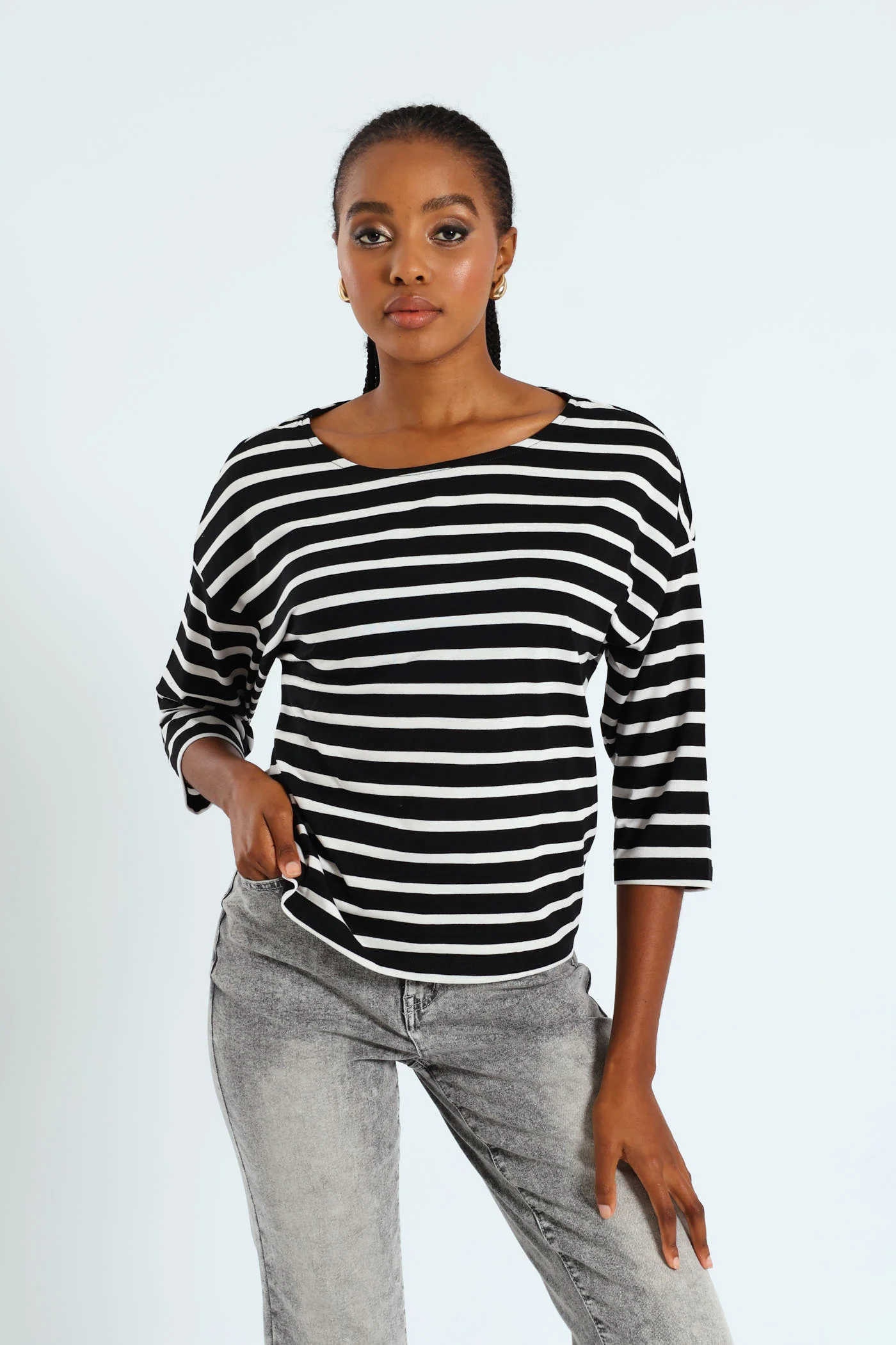 3/4 Sleeve Striped Slouchy Boatneck Top - Black/White - Image 3