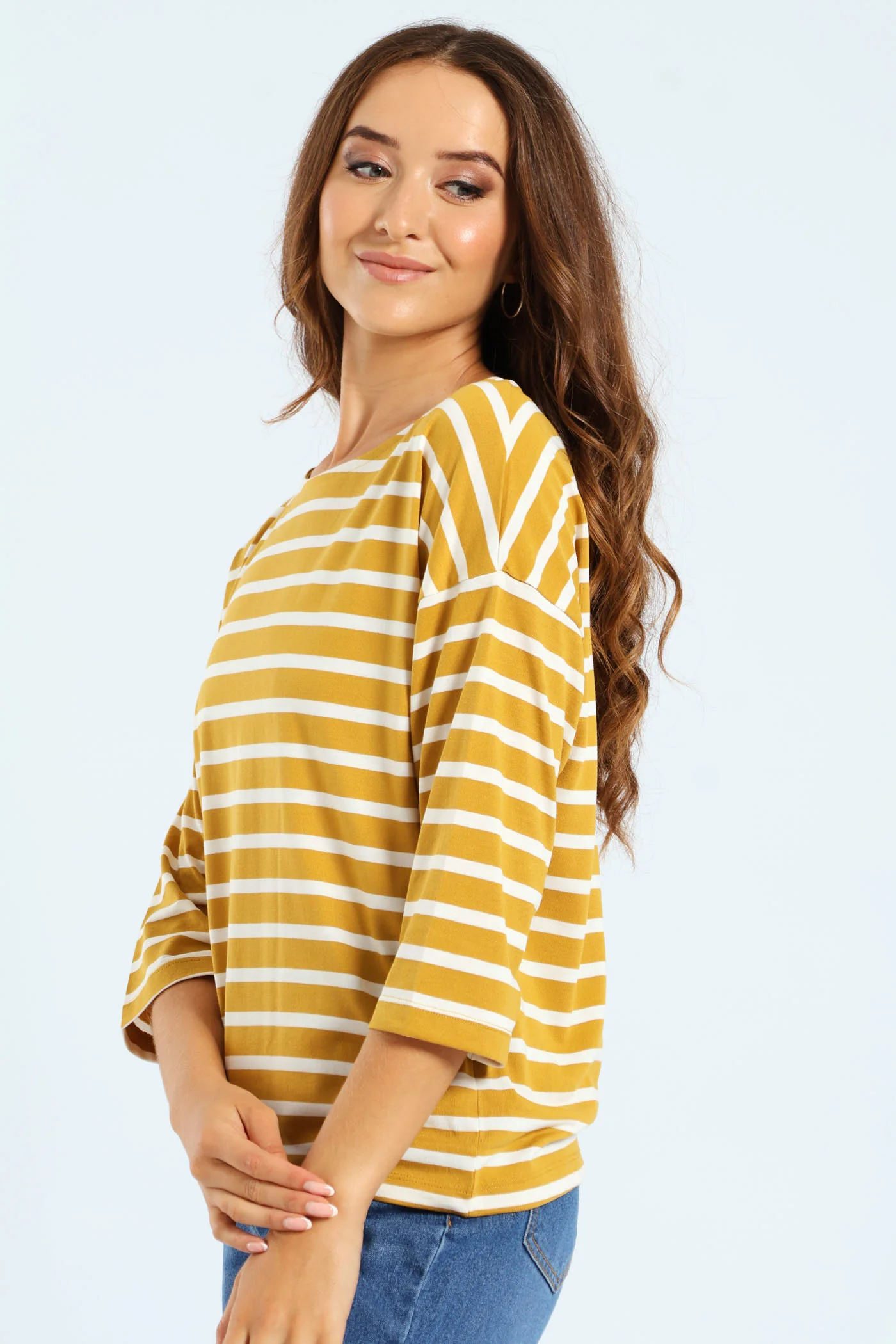 3/4 Sleeve Striped Slouchy Boatneck Top - Mustard/Cream - Image 2