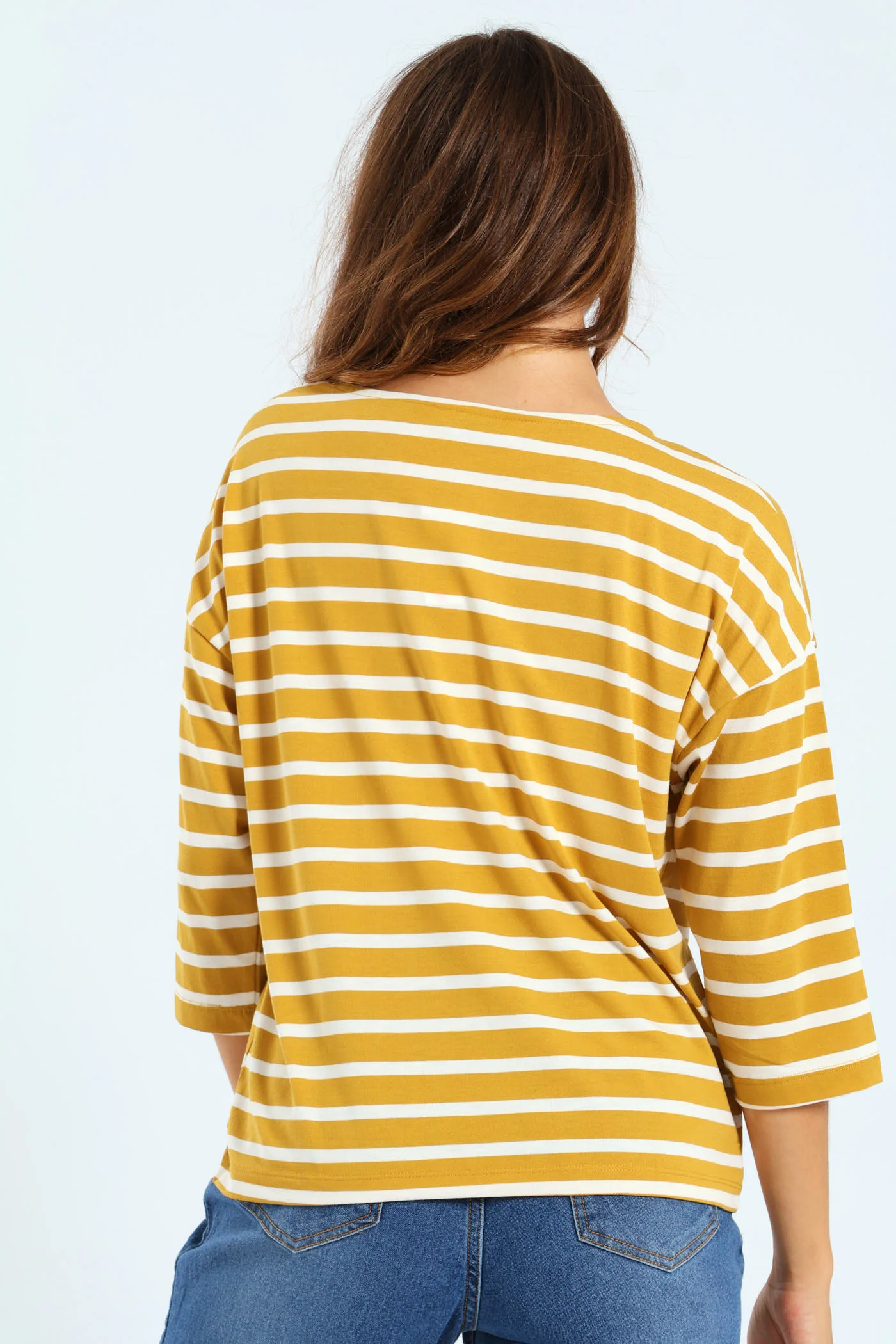 3/4 Sleeve Striped Slouchy Boatneck Top - Mustard/Cream - Image 3
