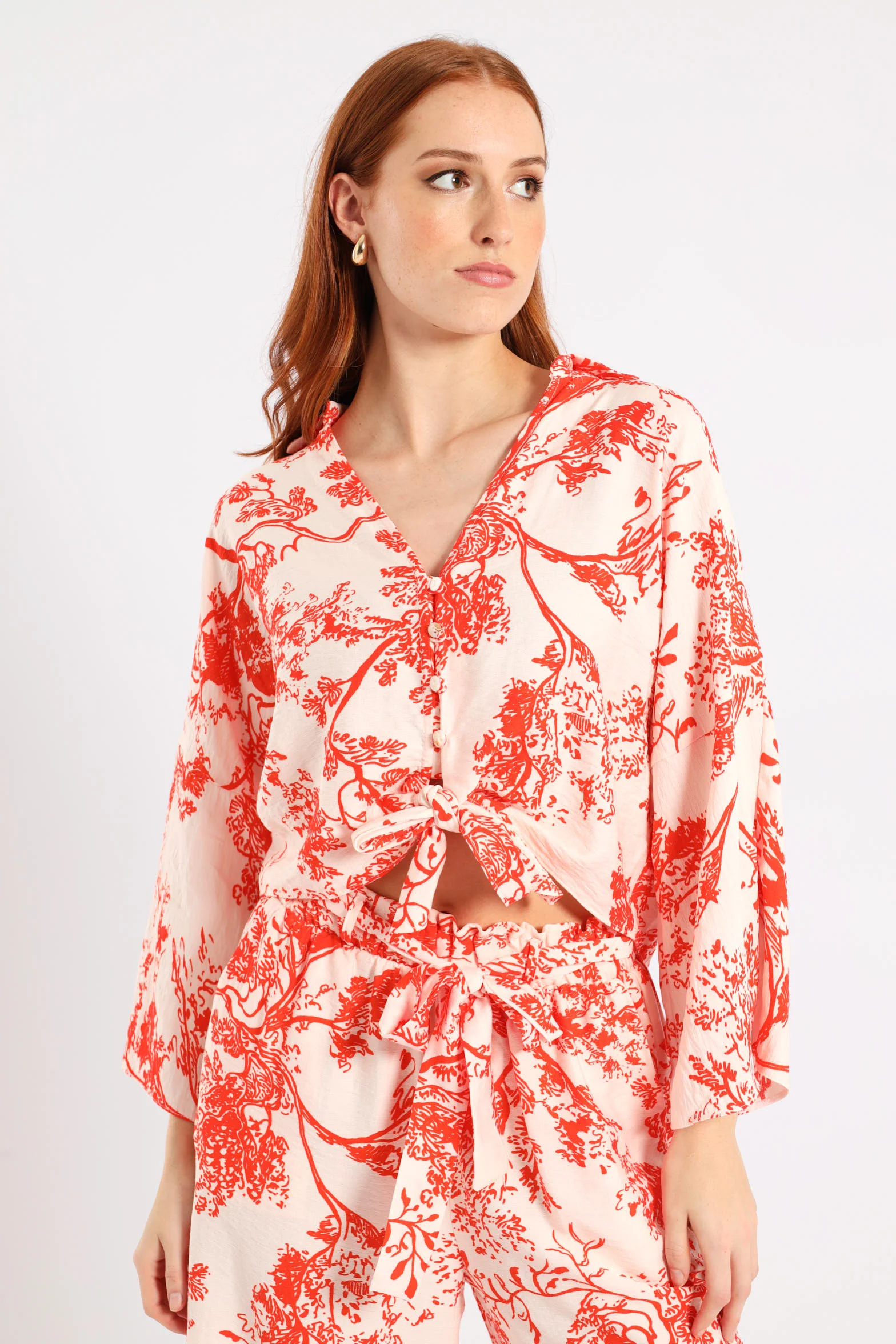 3/4 Sleeve Tie Front Linen Shirt - White/Orange - Image 2