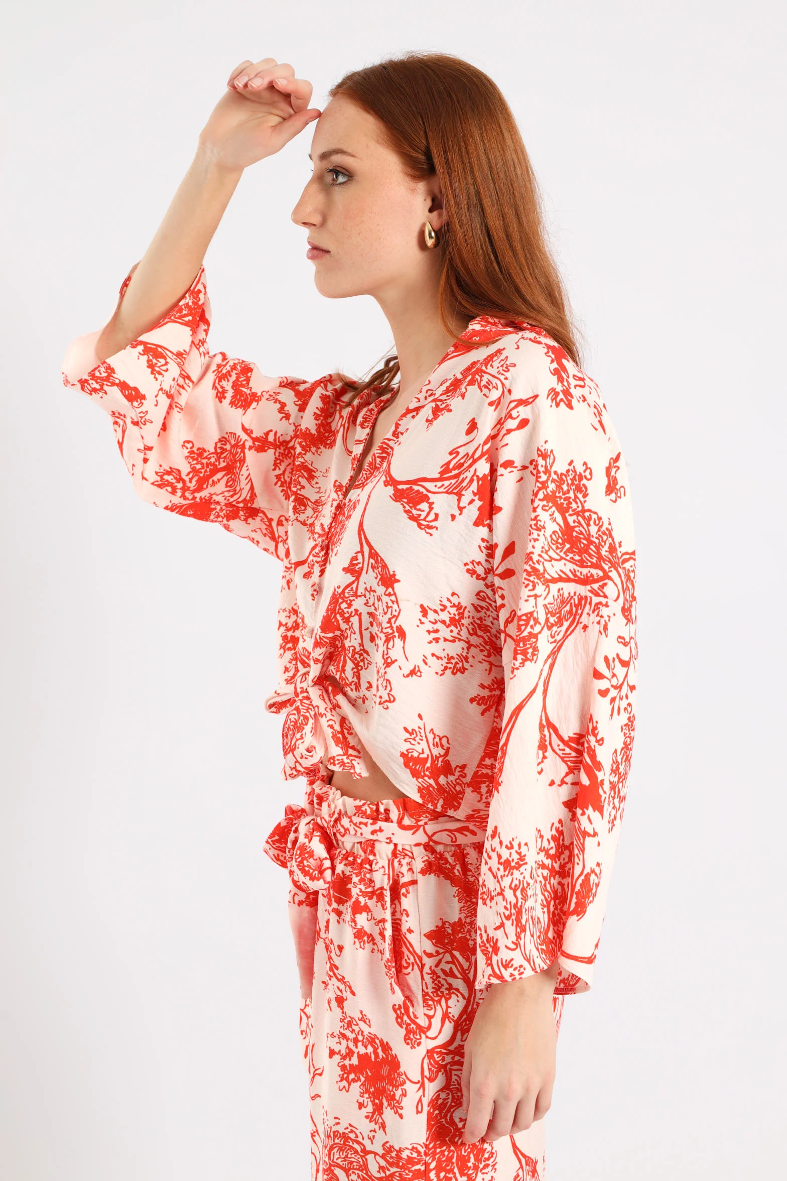 3/4 Sleeve Tie Front Linen Shirt - White/Orange - Image 3