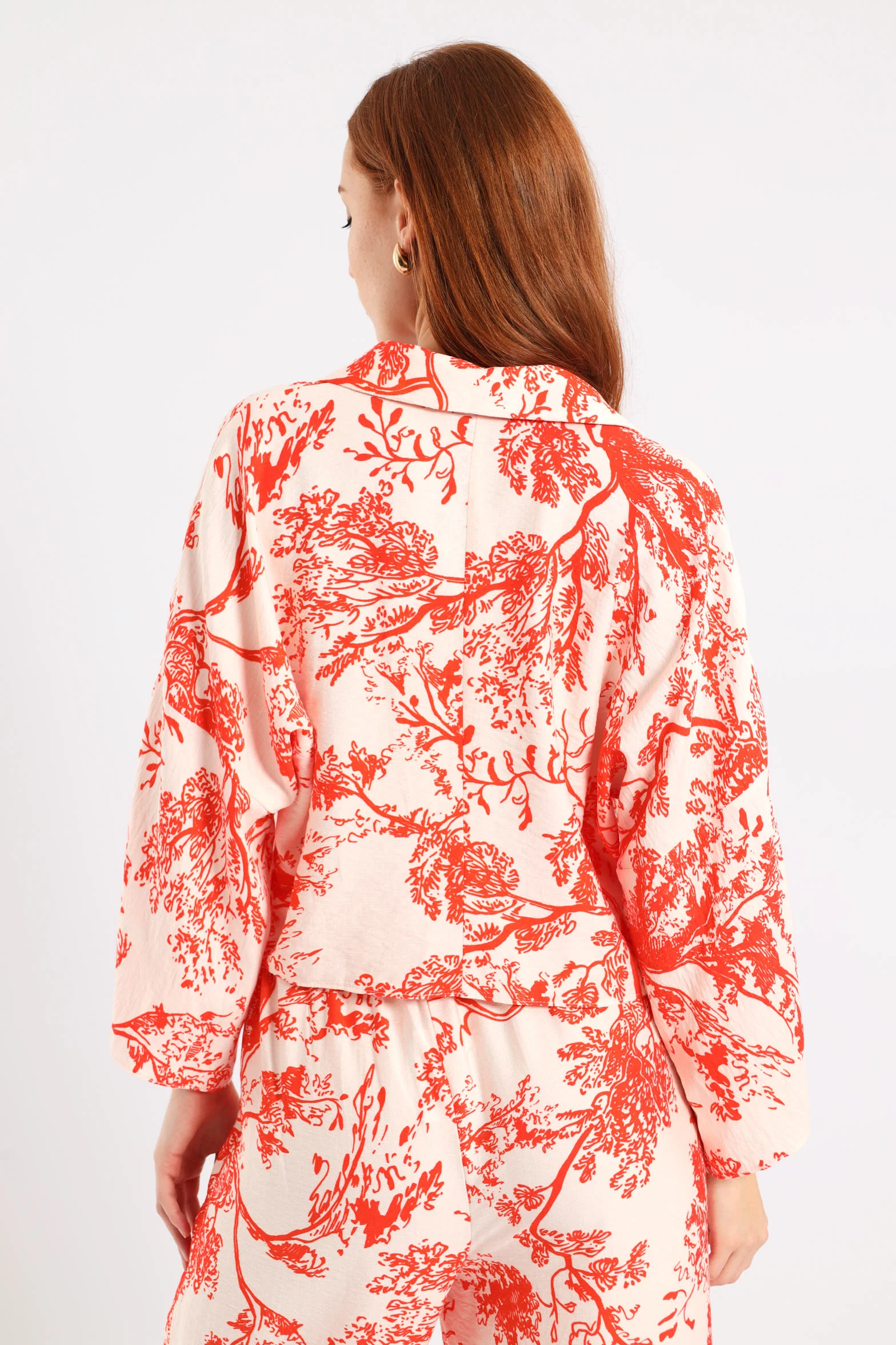 3/4 Sleeve Tie Front Linen Shirt - White/Orange - Image 4
