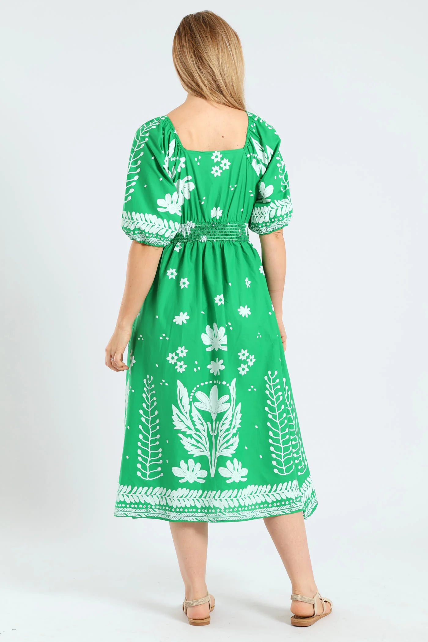 3/4 Sleeve V-Neck Border Print Midaxi Dress - Emerald - Image 2