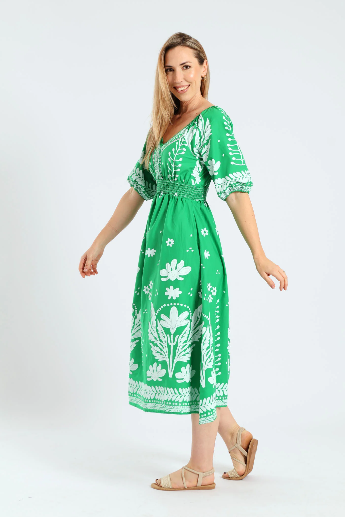 3/4 Sleeve V-Neck Border Print Midaxi Dress - Emerald - Image 3