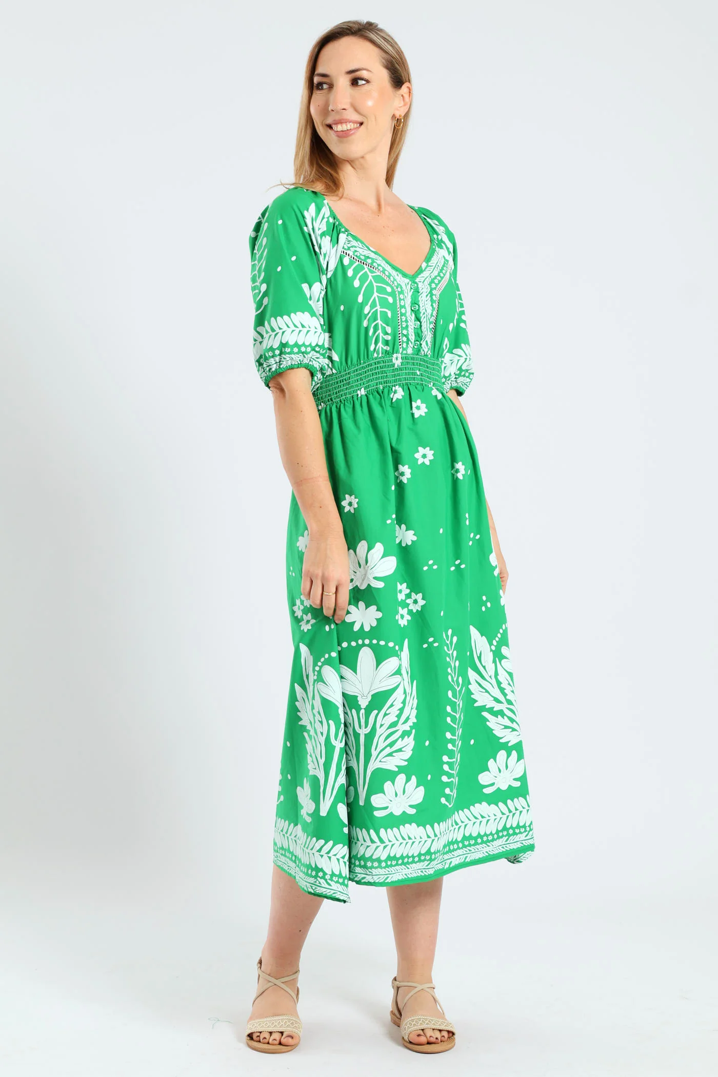 3/4 Sleeve V-Neck Border Print Midaxi Dress - Emerald - Image 4