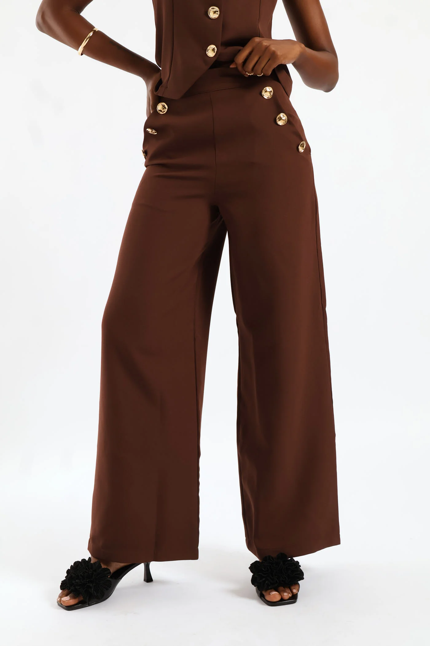 3 Button Wide Leg Pant - Chocolate - Image 3