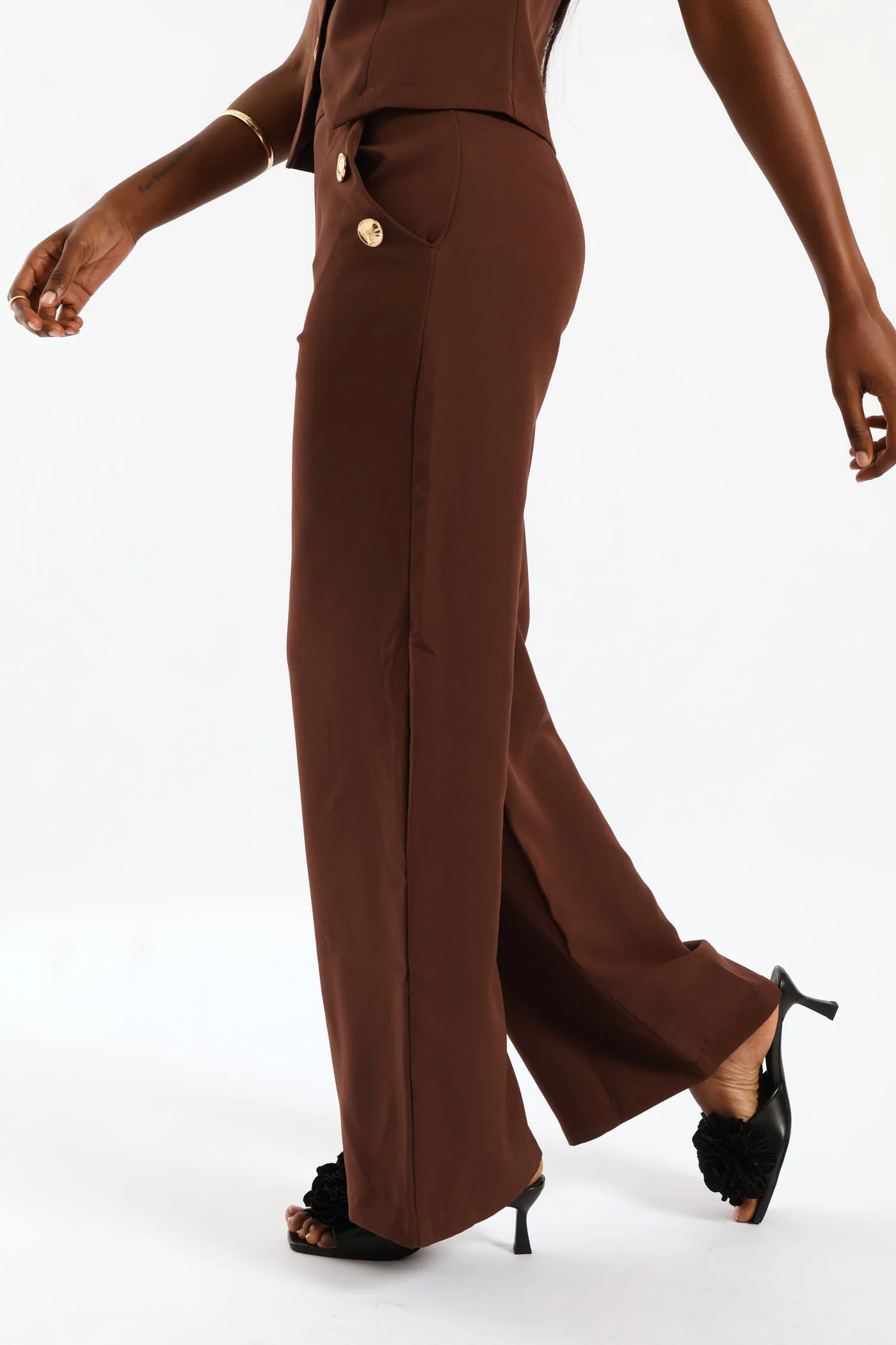 3 Button Wide Leg Pant - Chocolate - Image 4