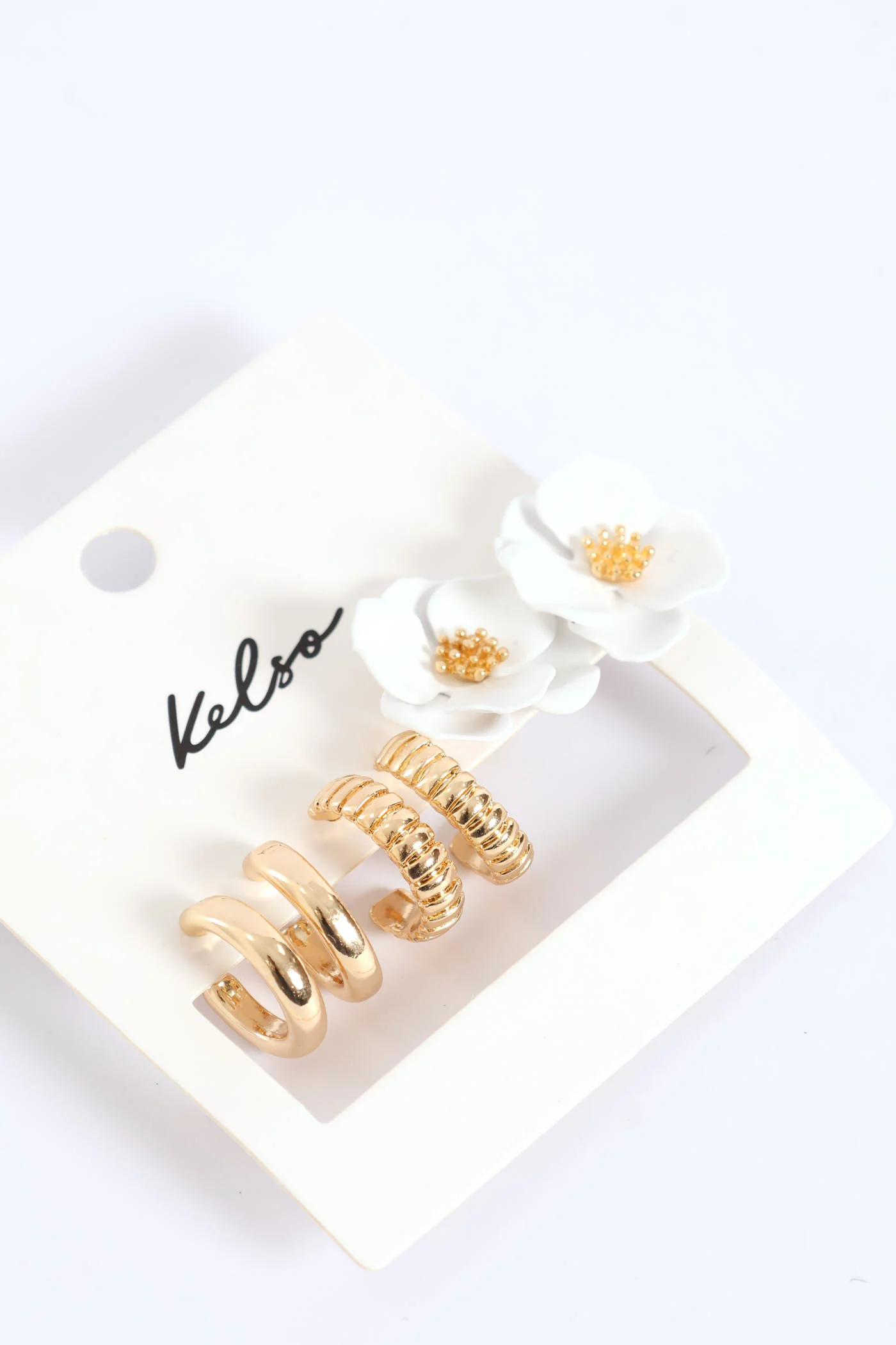3 Pack Floral Hoop Earrings - Gold - Image 3