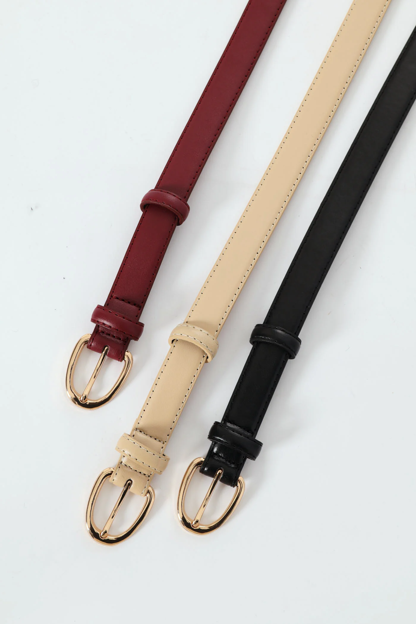 3 Pack Gold Buckle Belts - Black/Taupe/Burgundy - Image 2