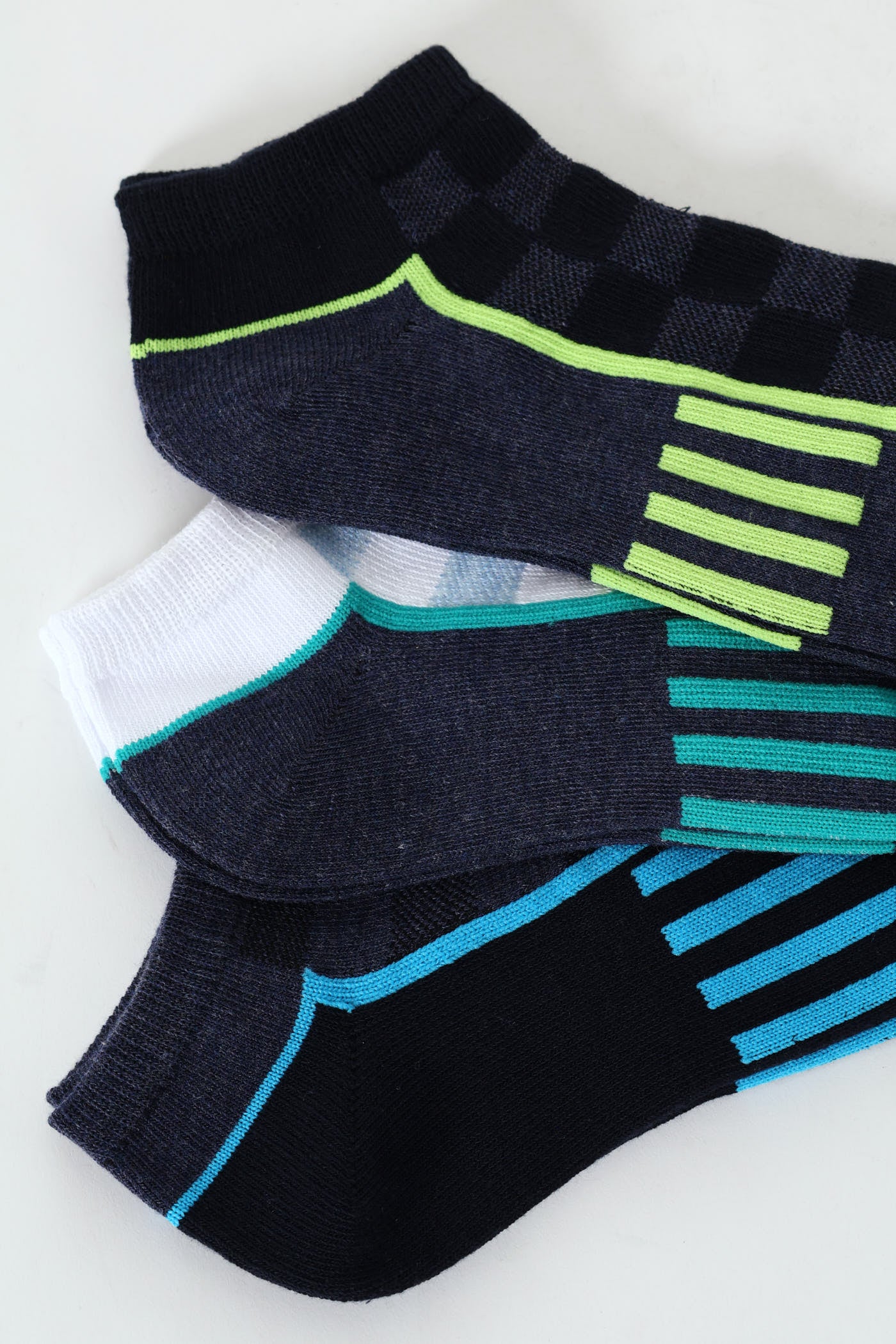 3 Pack Tonal Check & Stripe Lowcut Socks - Blue - Image 2