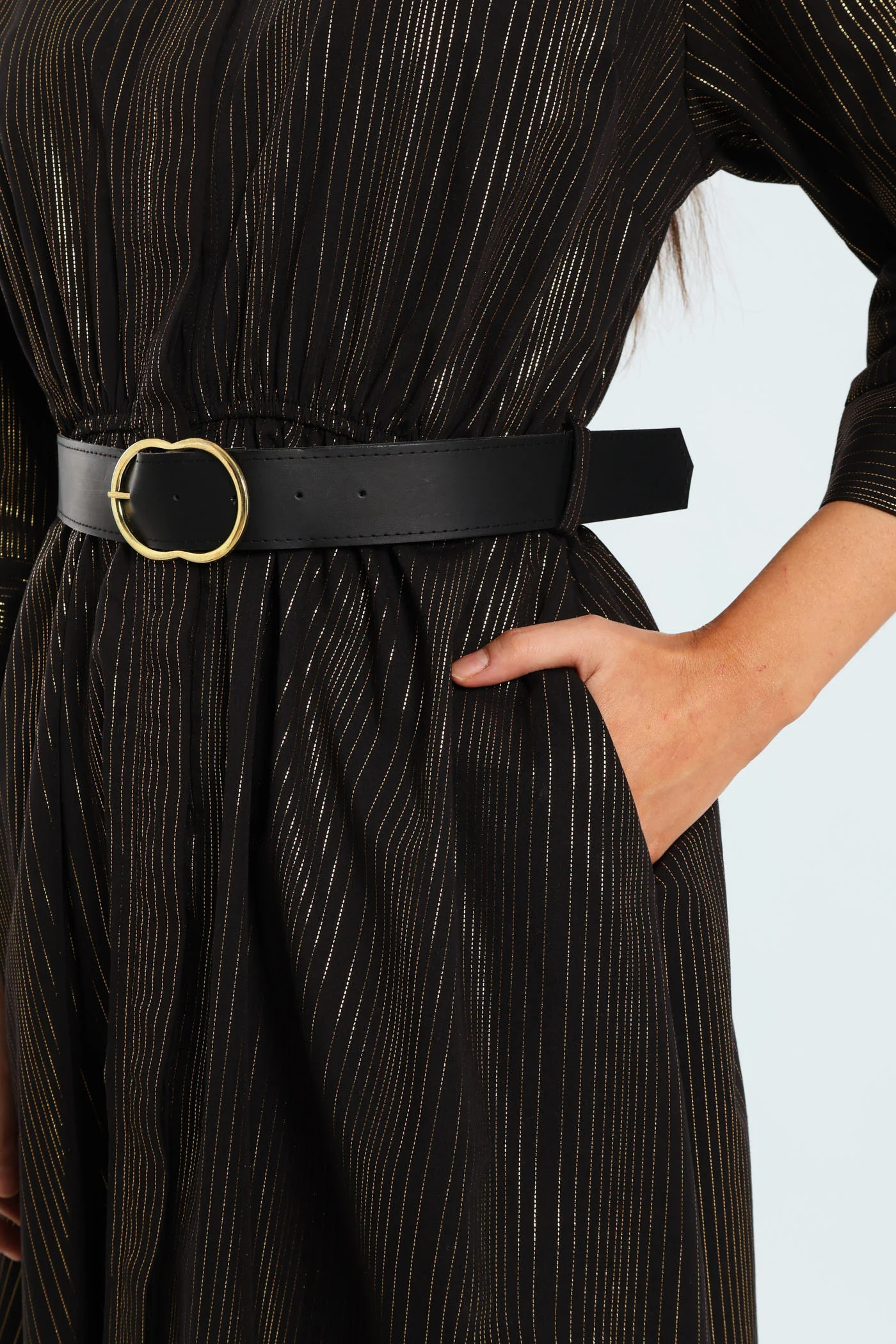 3 Quarter Sleeve Belted Midi Shirt Dress - Black - Image 2