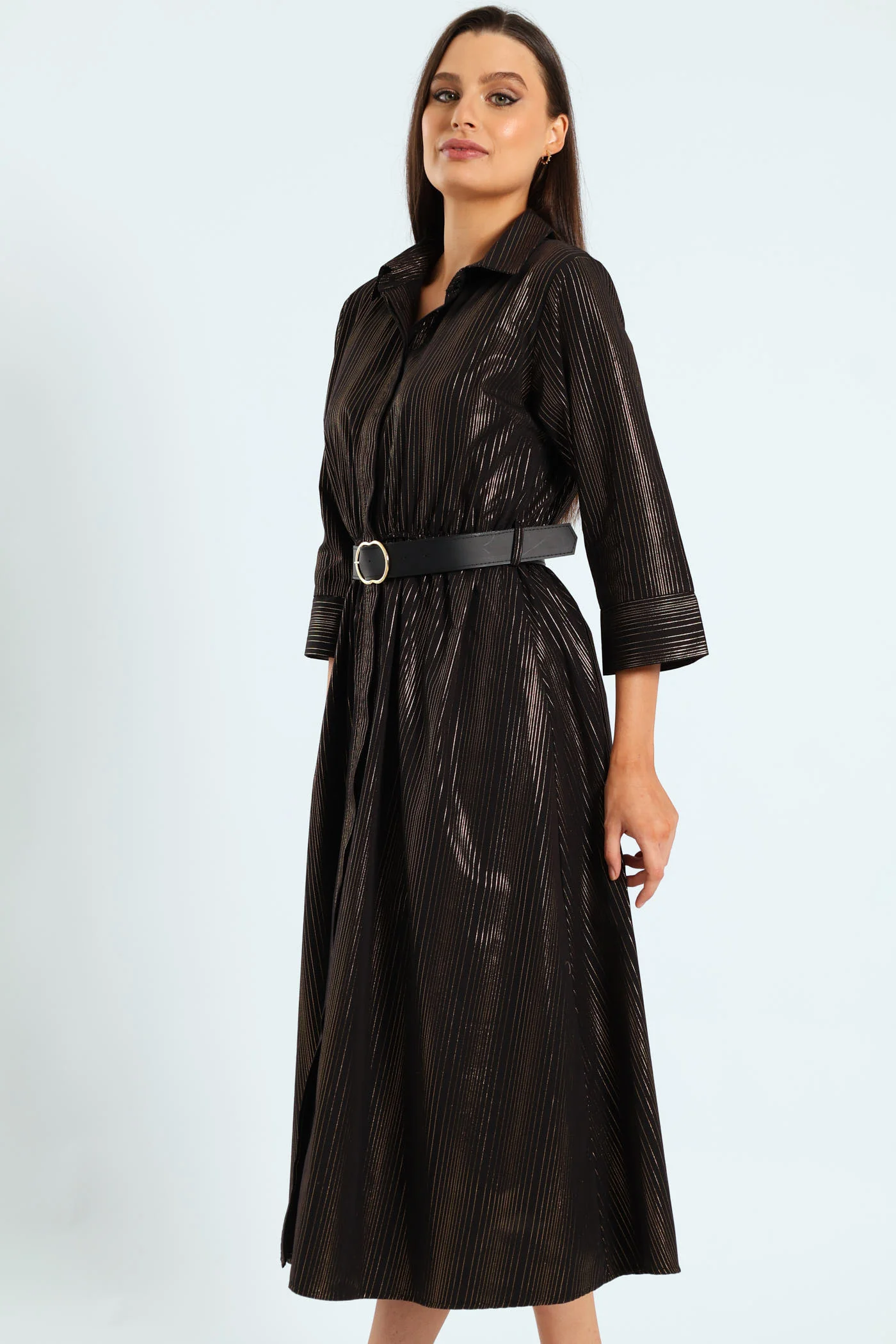 3 Quarter Sleeve Belted Midi Shirt Dress - Black - Image 3