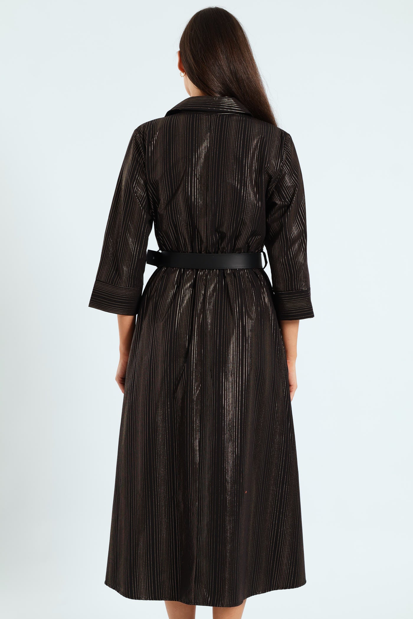 3 Quarter Sleeve Belted Midi Shirt Dress - Black - Image 4