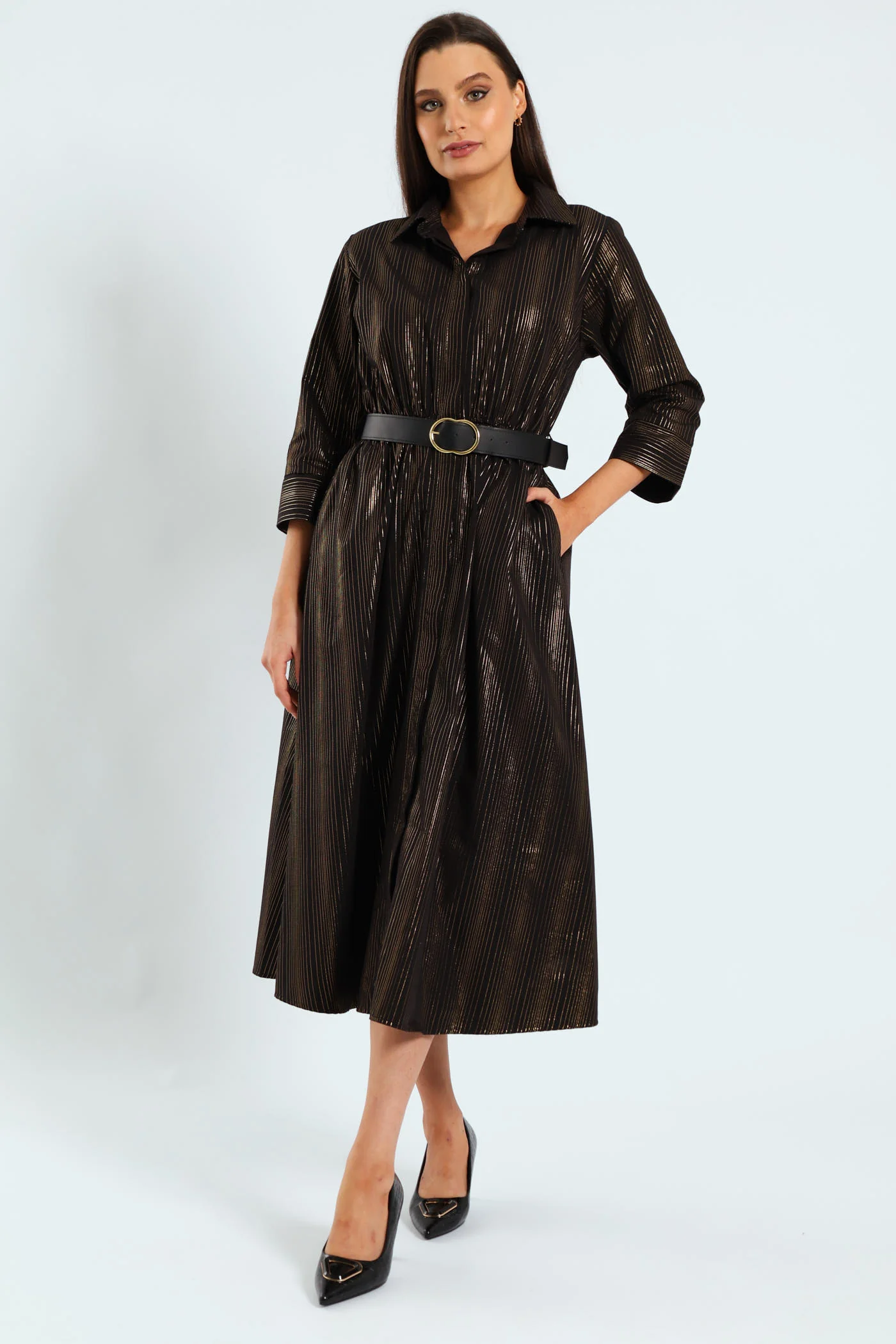 3 Quarter Sleeve Belted Midi Shirt Dress - Black - Image 5