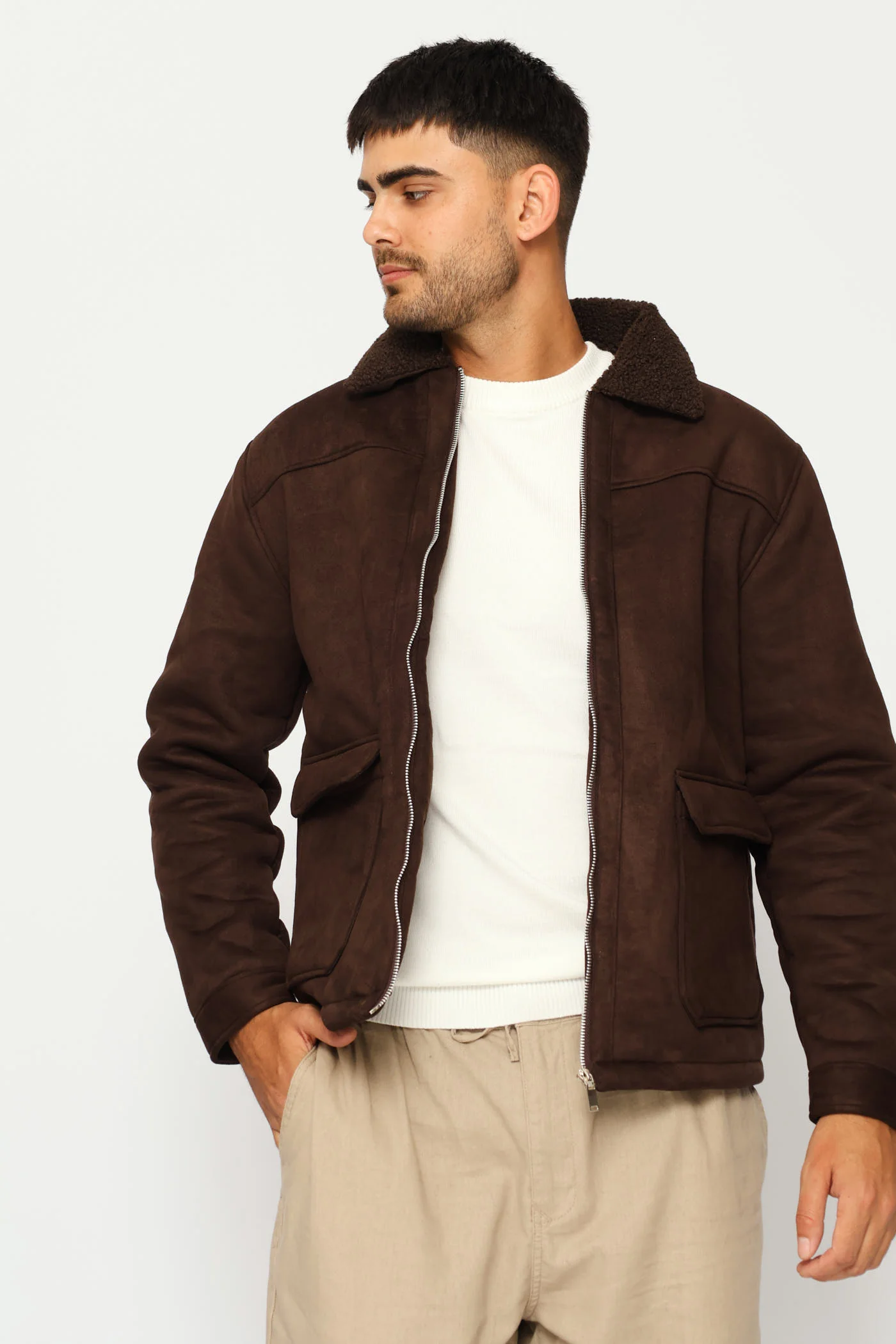 Long Sleeve Sherpa Jacket - Brown - Image 3
