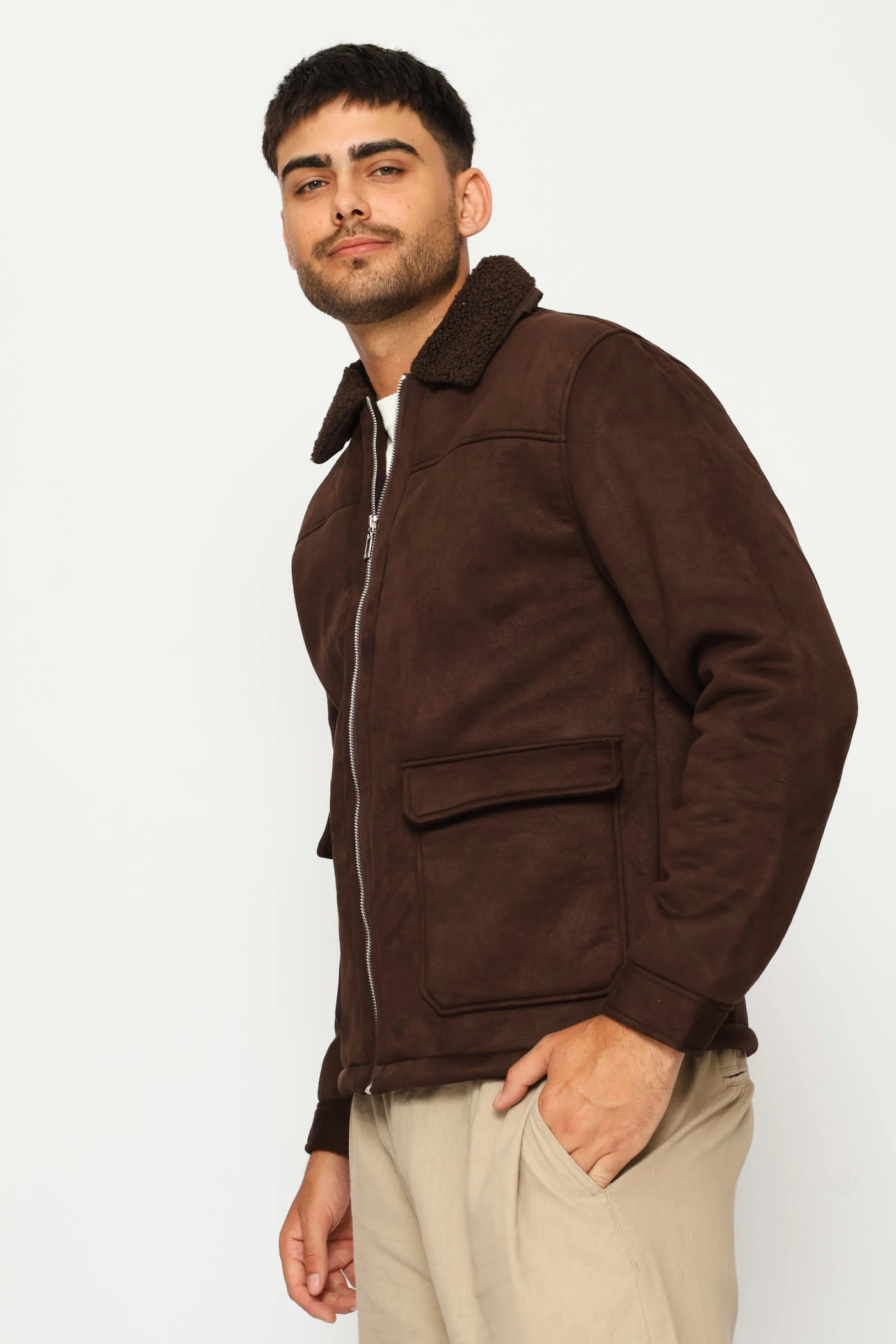 Long Sleeve Sherpa Jacket - Brown - Image 4