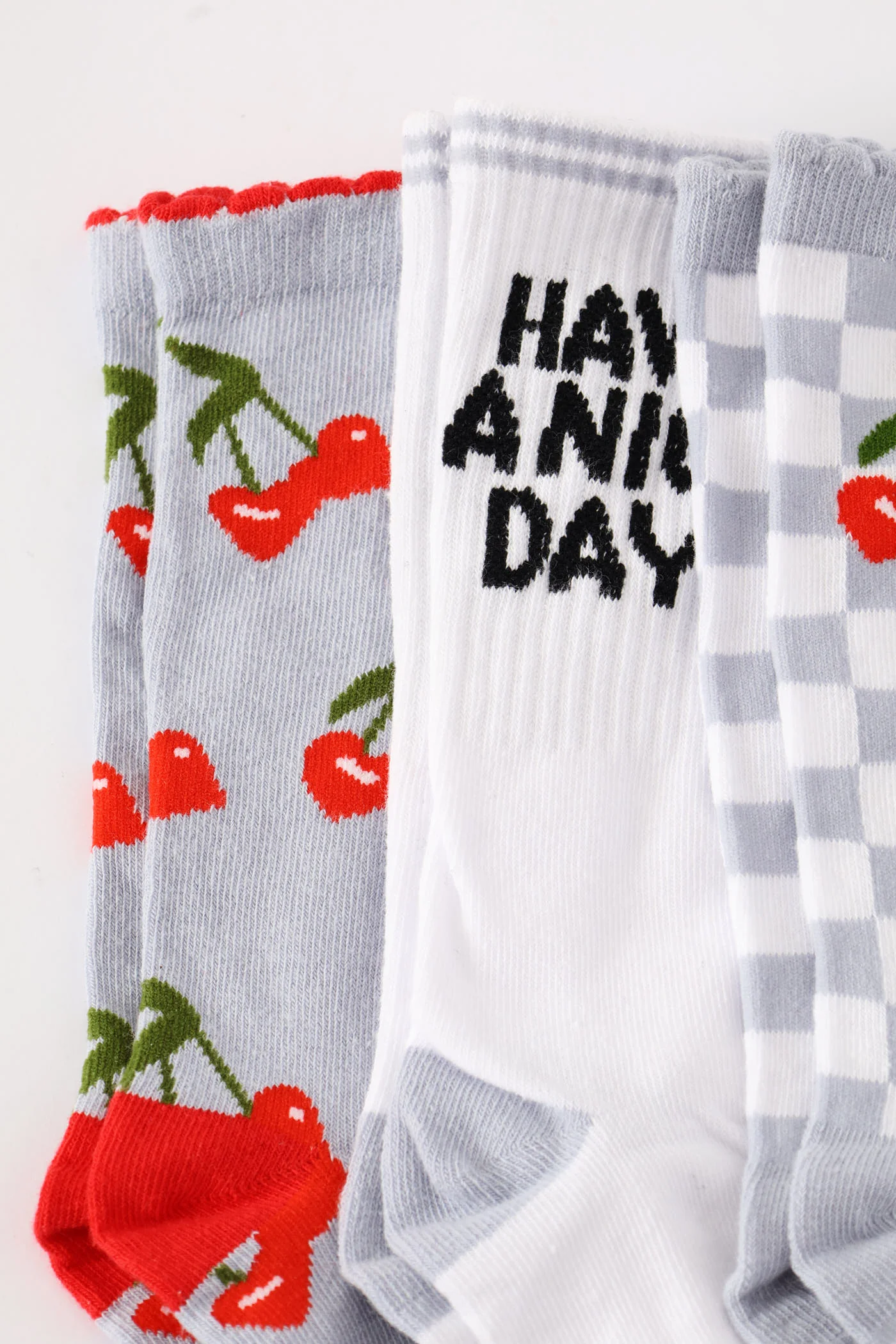 5 Pack Cherry Check Crew Fashion Socks - White/Blue - Image 3