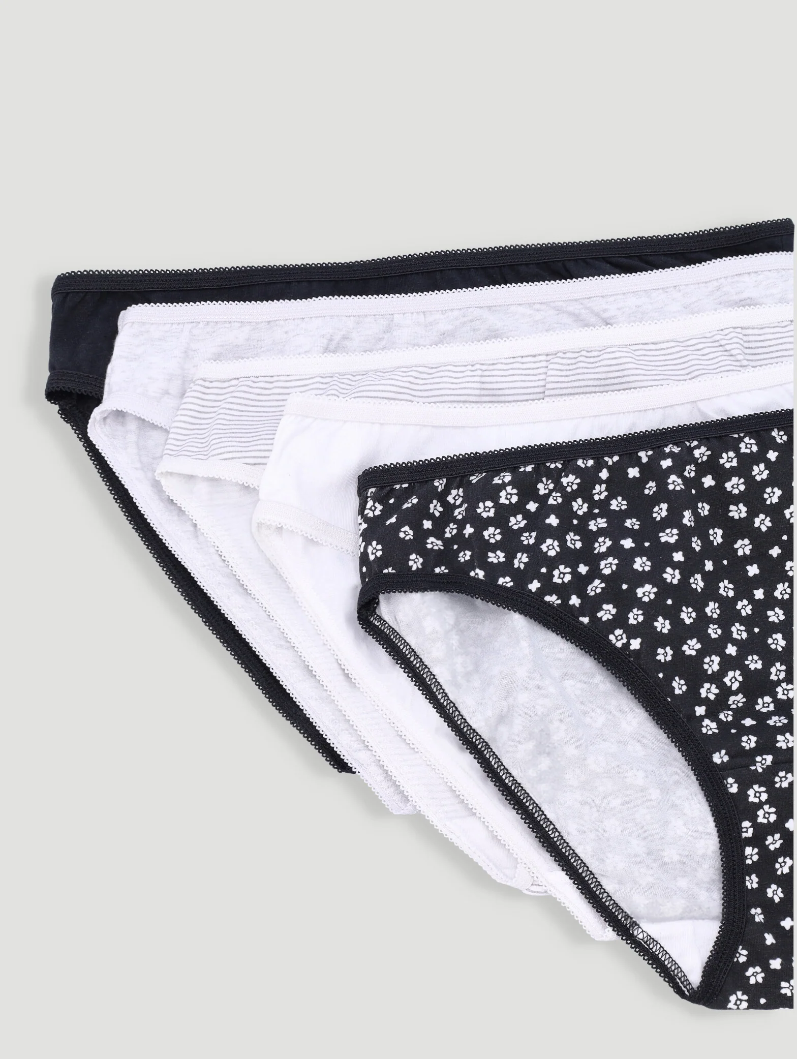 5 Pack Cotton Stretch Bikini Panties - Black/Floral/Grey/Stripe/White - Image 2