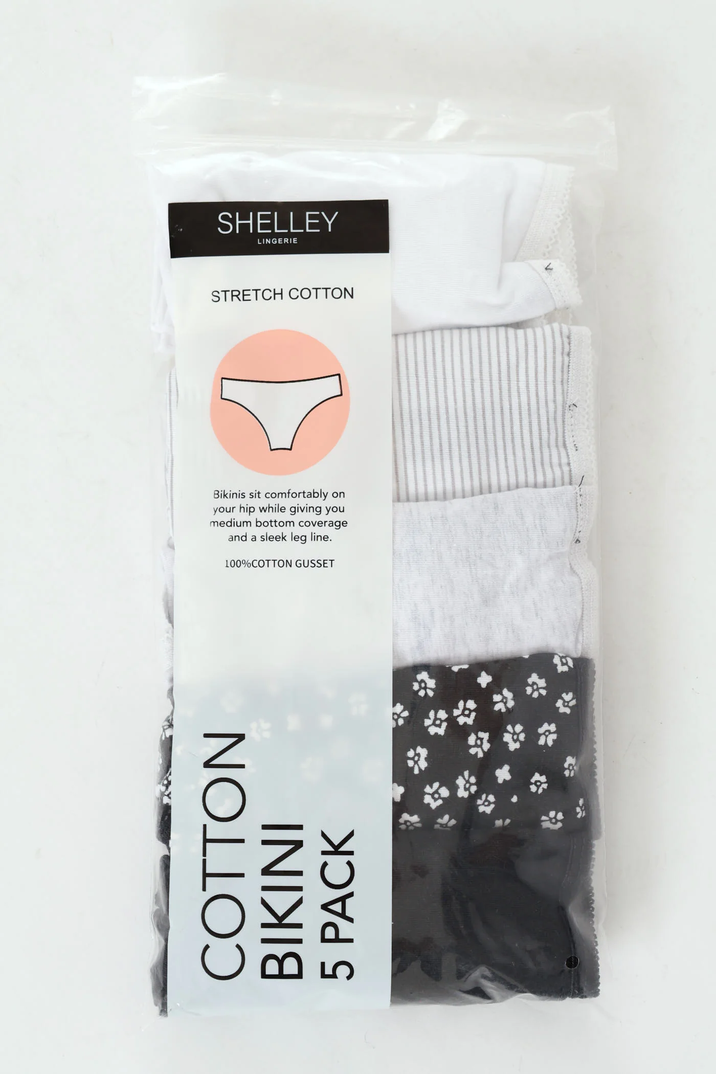 5 Pack Cotton Stretch Bikini Panties - Black/Floral/Grey/Stripe/White - Image 3