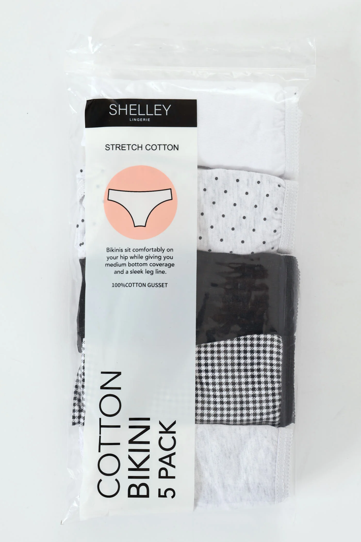 5 Pack Cotton Stretch Bikini Panties - Check/Black/Spot/White/Grey - Image 2