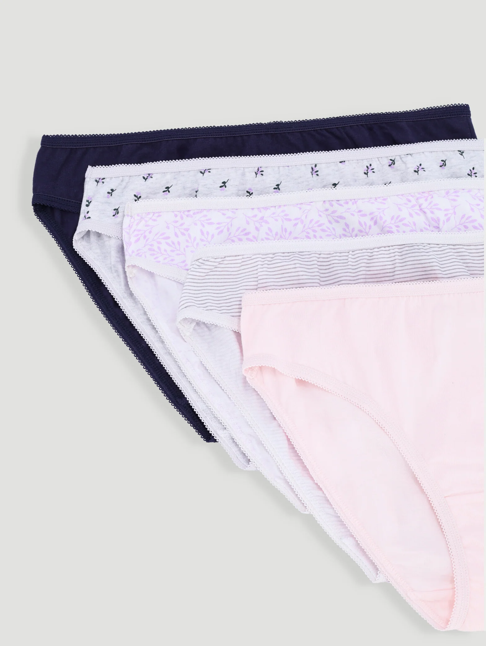 5 Pack Cotton Stretch Bikini Panties - Pink Leaf/Navy/Grey Leaf - Image 2