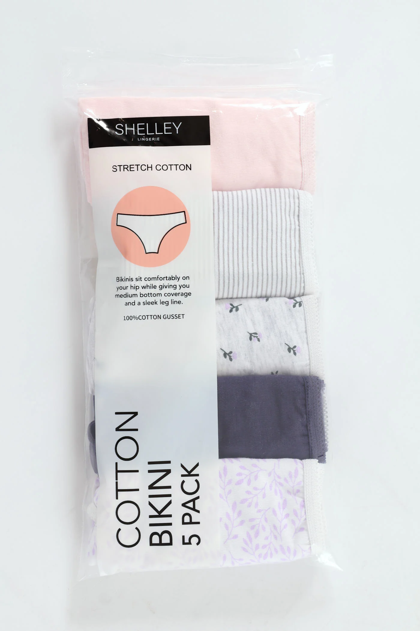 5 Pack Cotton Stretch Bikini Panties - Pink Leaf/Navy/Grey Leaf - Image 5