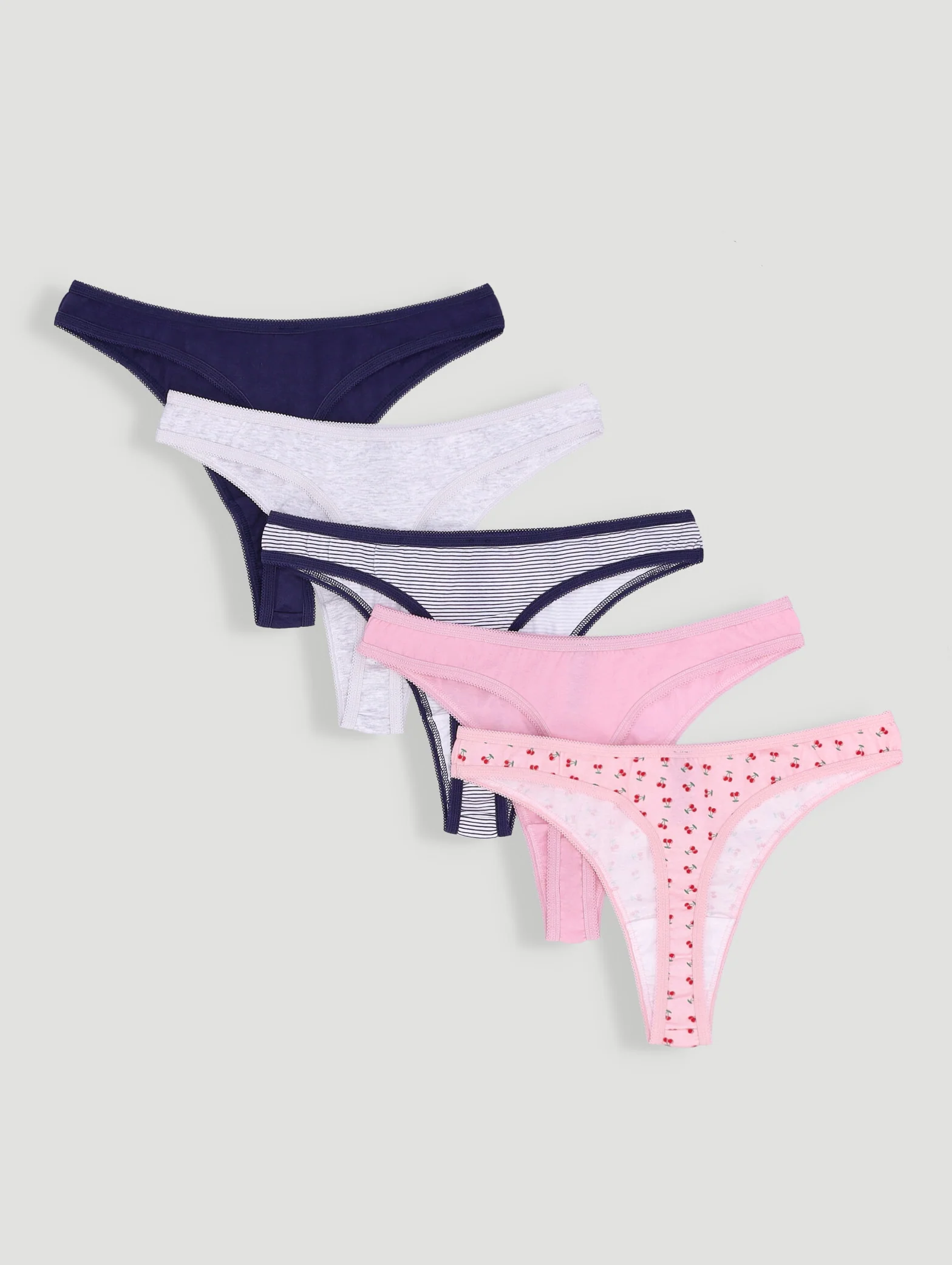 5 Pack Cotton Stretch Thong Panties - Slate/Stripe/Grey/Cherry/Black - Image 2