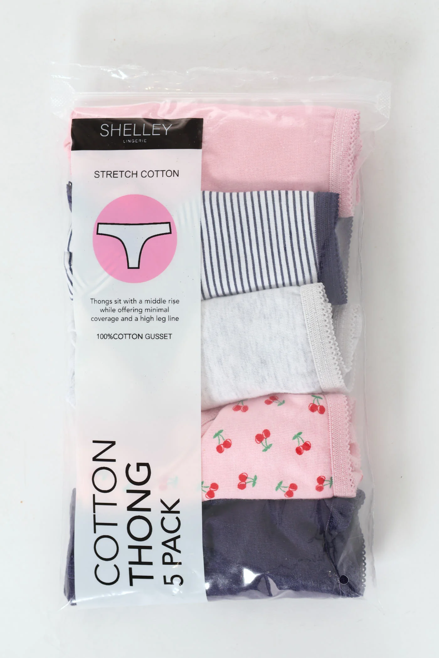 5 Pack Cotton Stretch Thong Panties - Slate/Stripe/Grey/Cherry/Black - Image 4