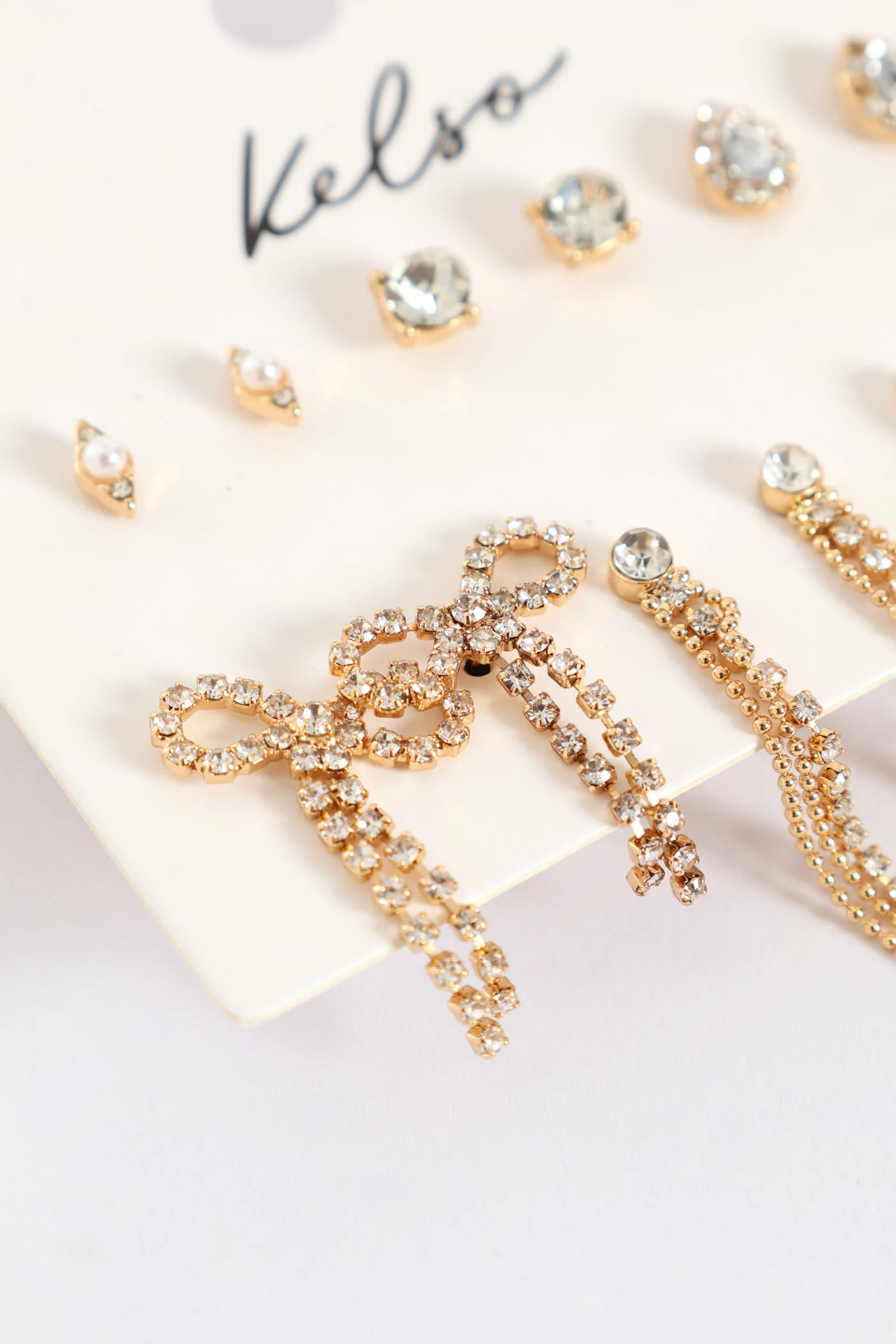 6 Pack Diamante Bow Drop Earring - Gold - Image 2