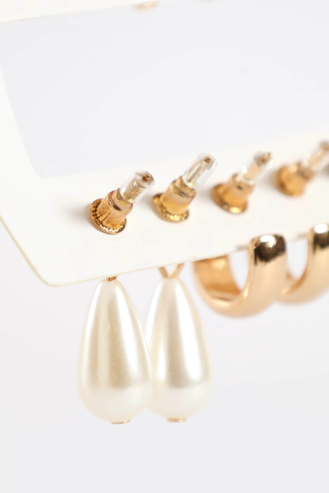 6 Pack Heart Stud Pearl Bead Drop Earrings - Gold - Image 3
