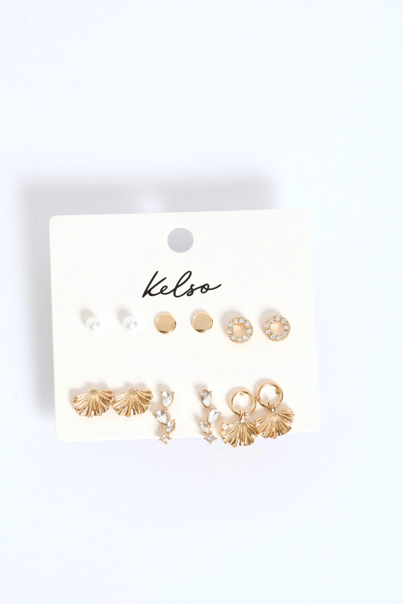 6 Pack Jewel Fan Stud Earring - Gold - Image 4