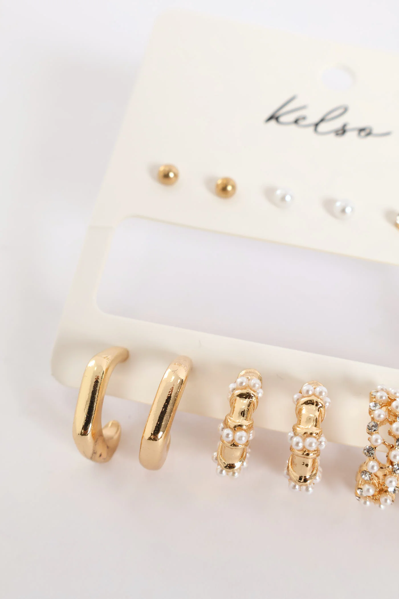 6 Pack Pearl Bead & Diamante Hoops - Gold - Image 2
