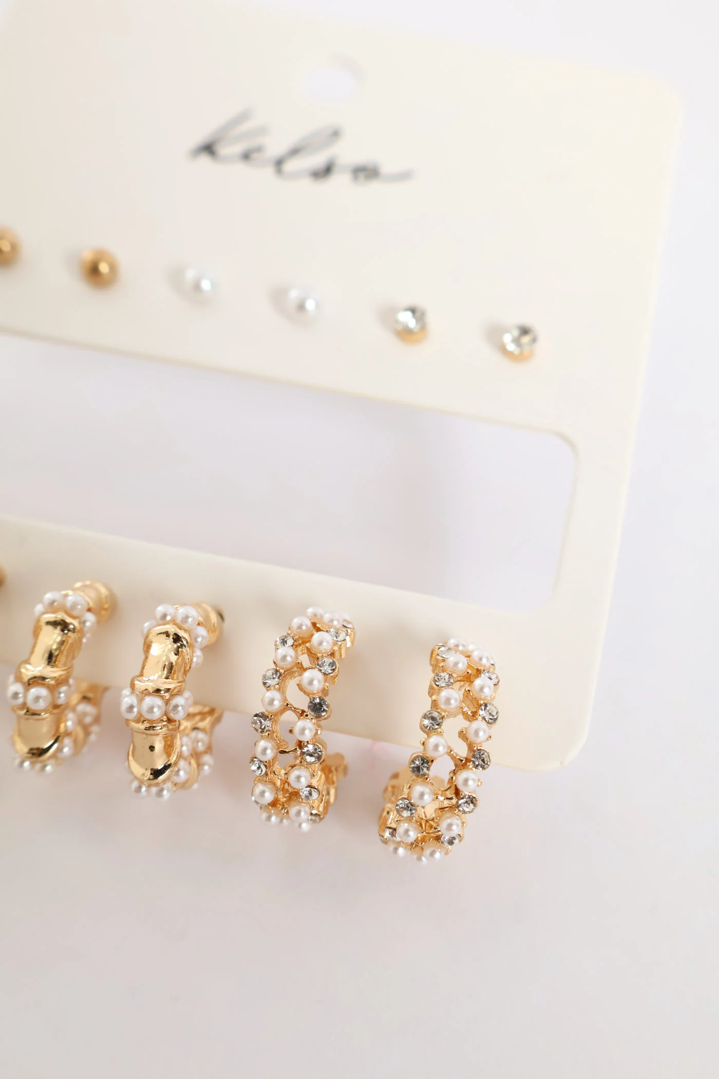 6 Pack Pearl Bead & Diamante Hoops - Gold - Image 3