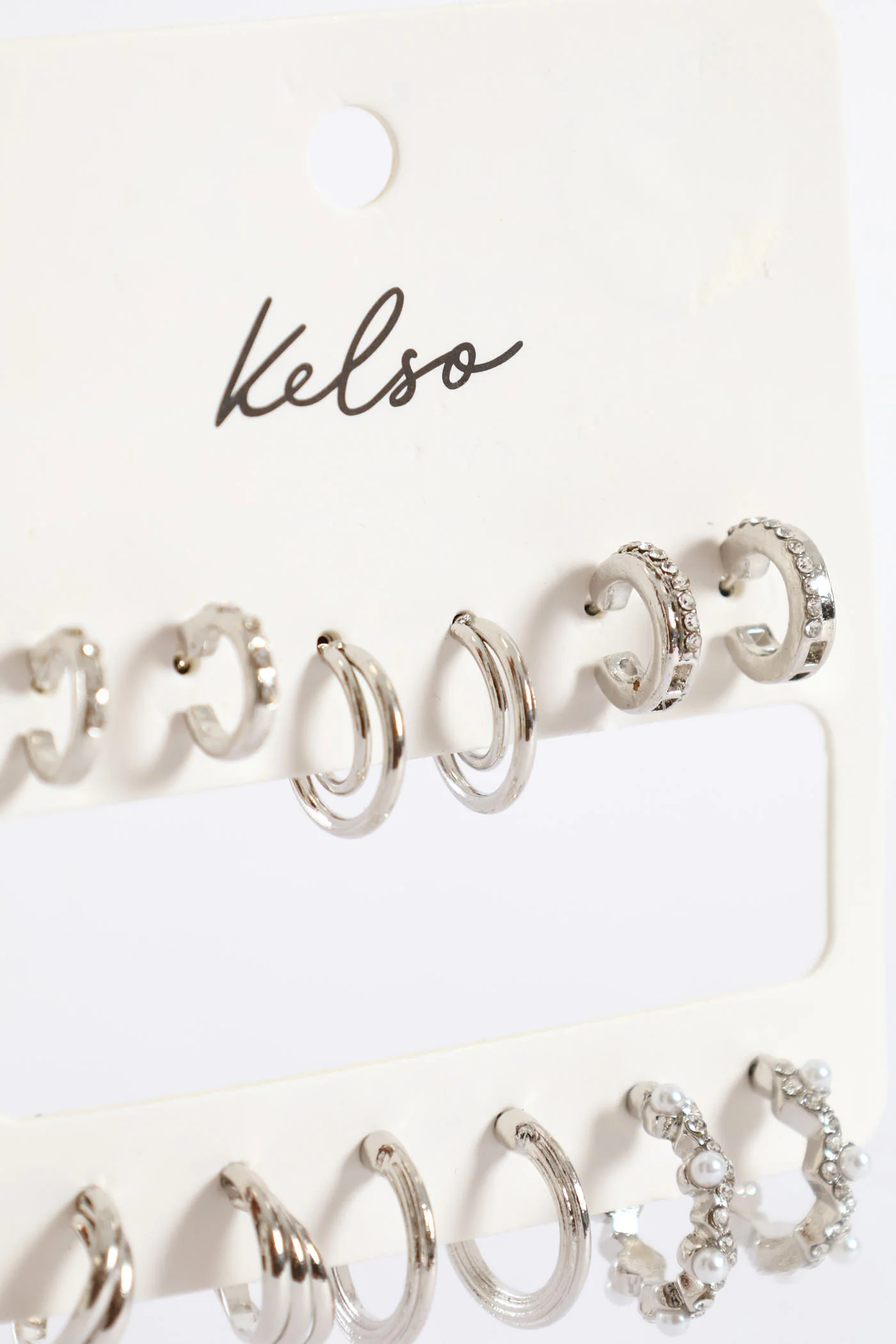 6 Pack Pearl Diamante Small Hoop Earring - Silver - Image 2