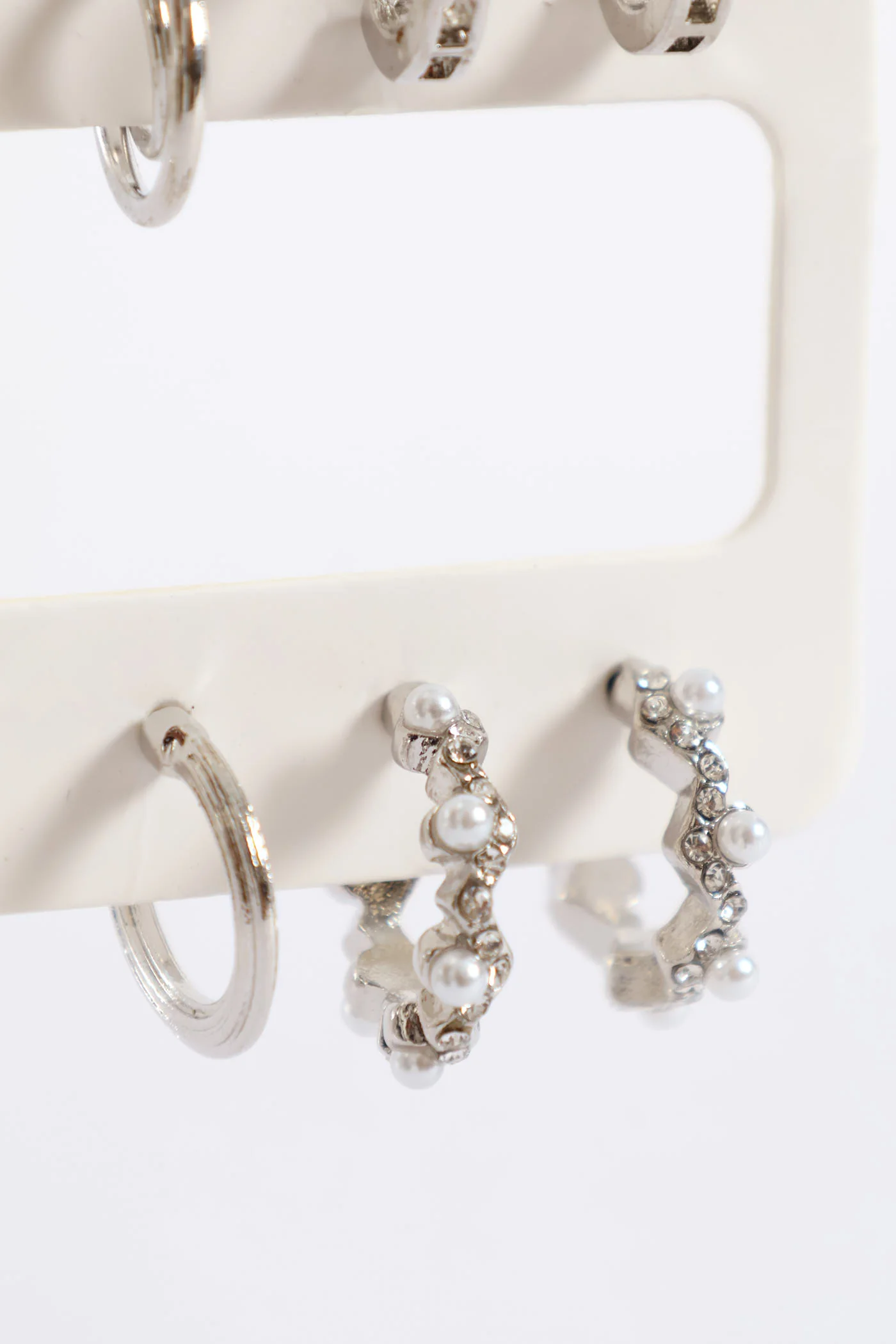 6 Pack Pearl Diamante Small Hoop Earring - Silver - Image 3