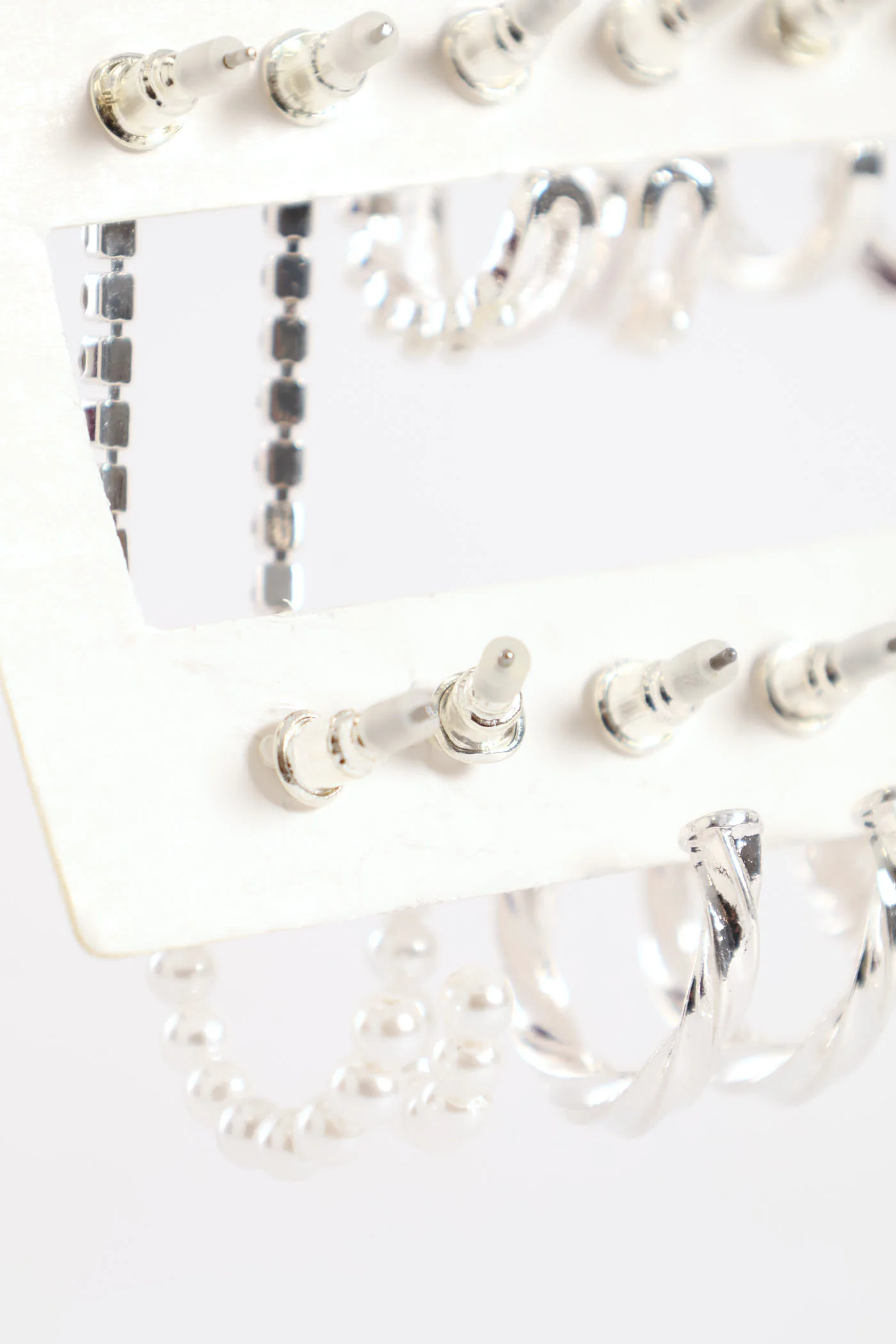 6 Pack Small Pearl Bead Hoops & Drop Earrings - Silver - Image 3