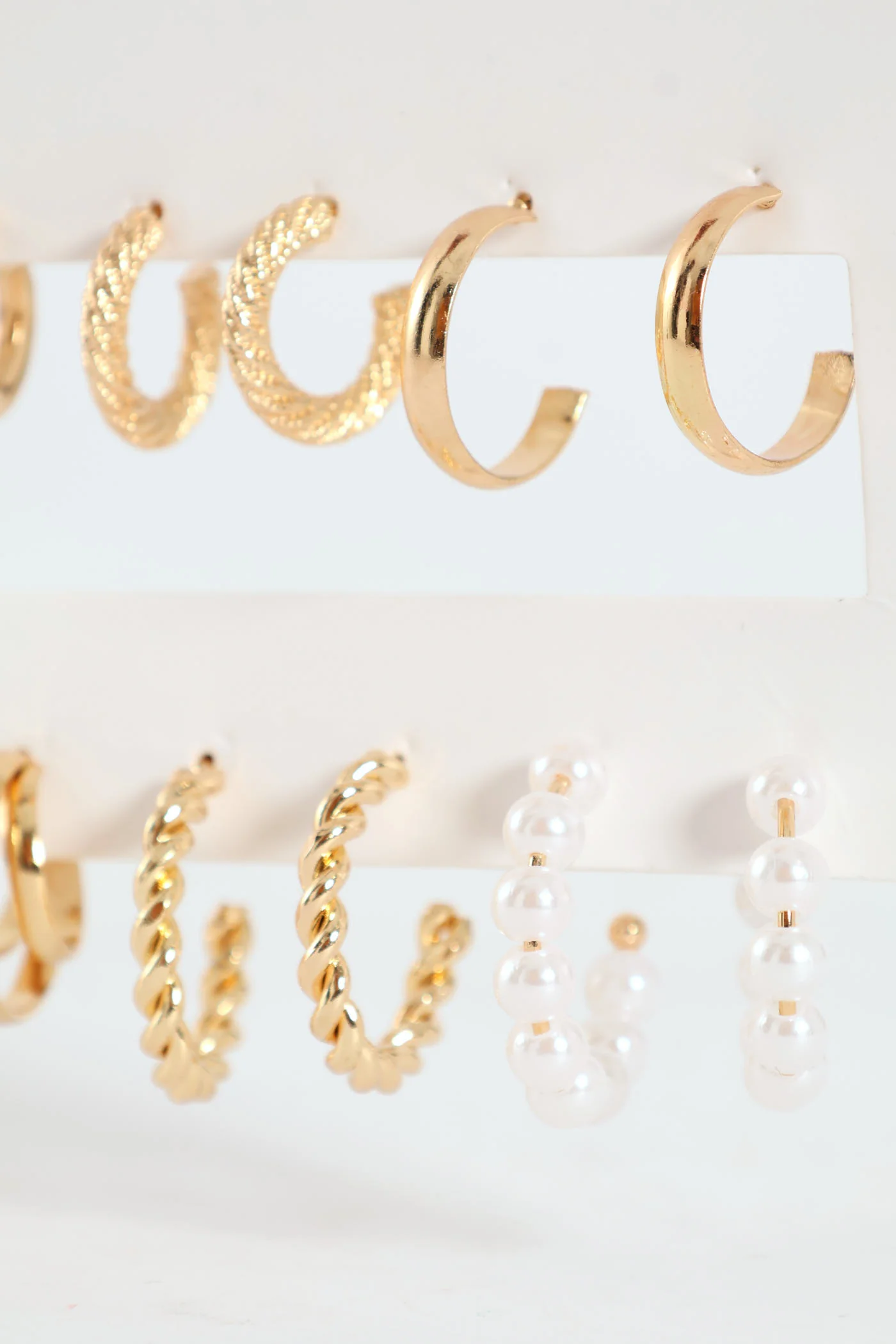 6 Pack Textured Hoop & Pearl Bead Earrings - Gold - Image 2
